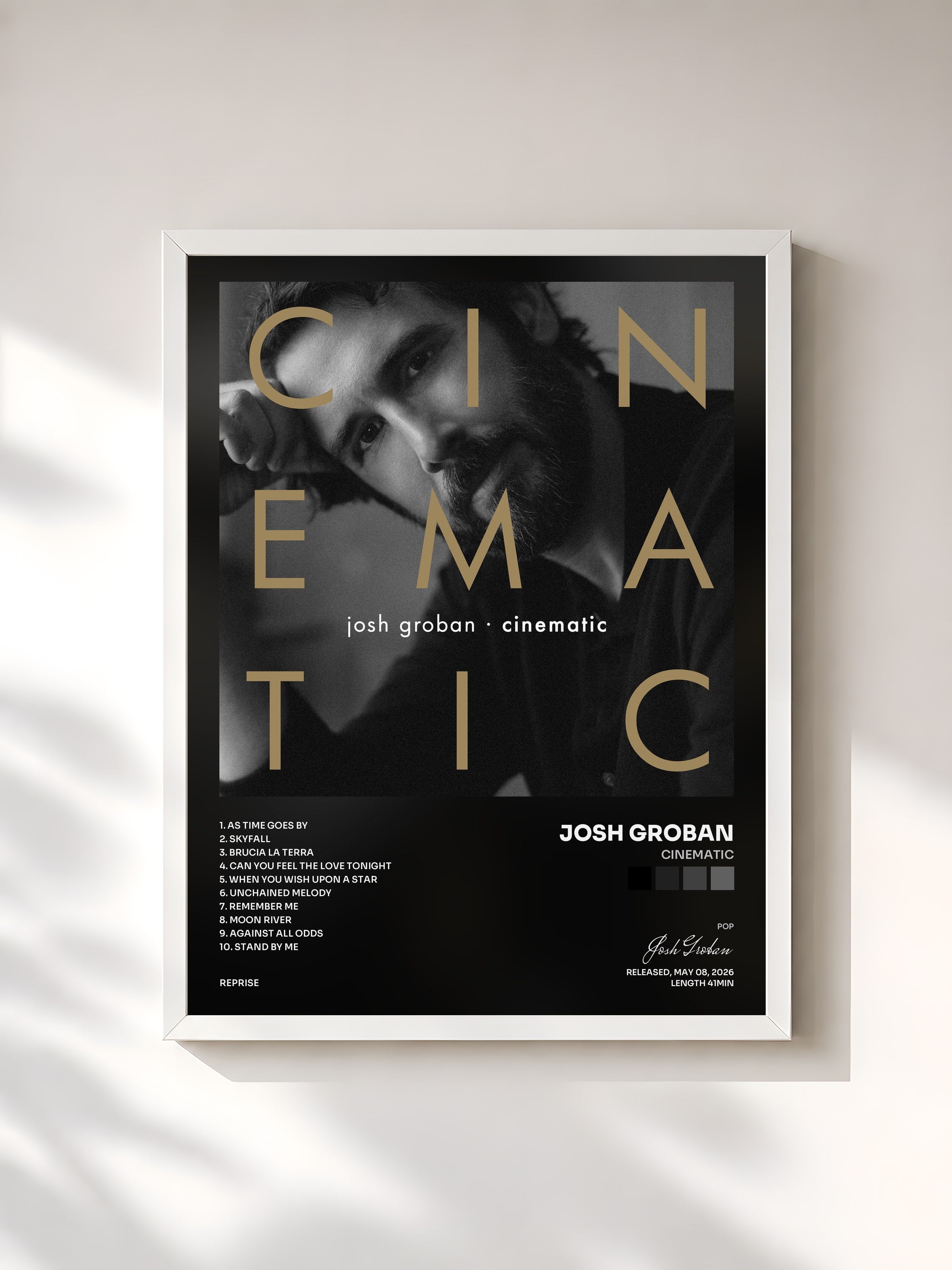 #blanc Tableau de l'album CINEMATIC de Josh Groban, cadre blanc, imprimé et encadré en France