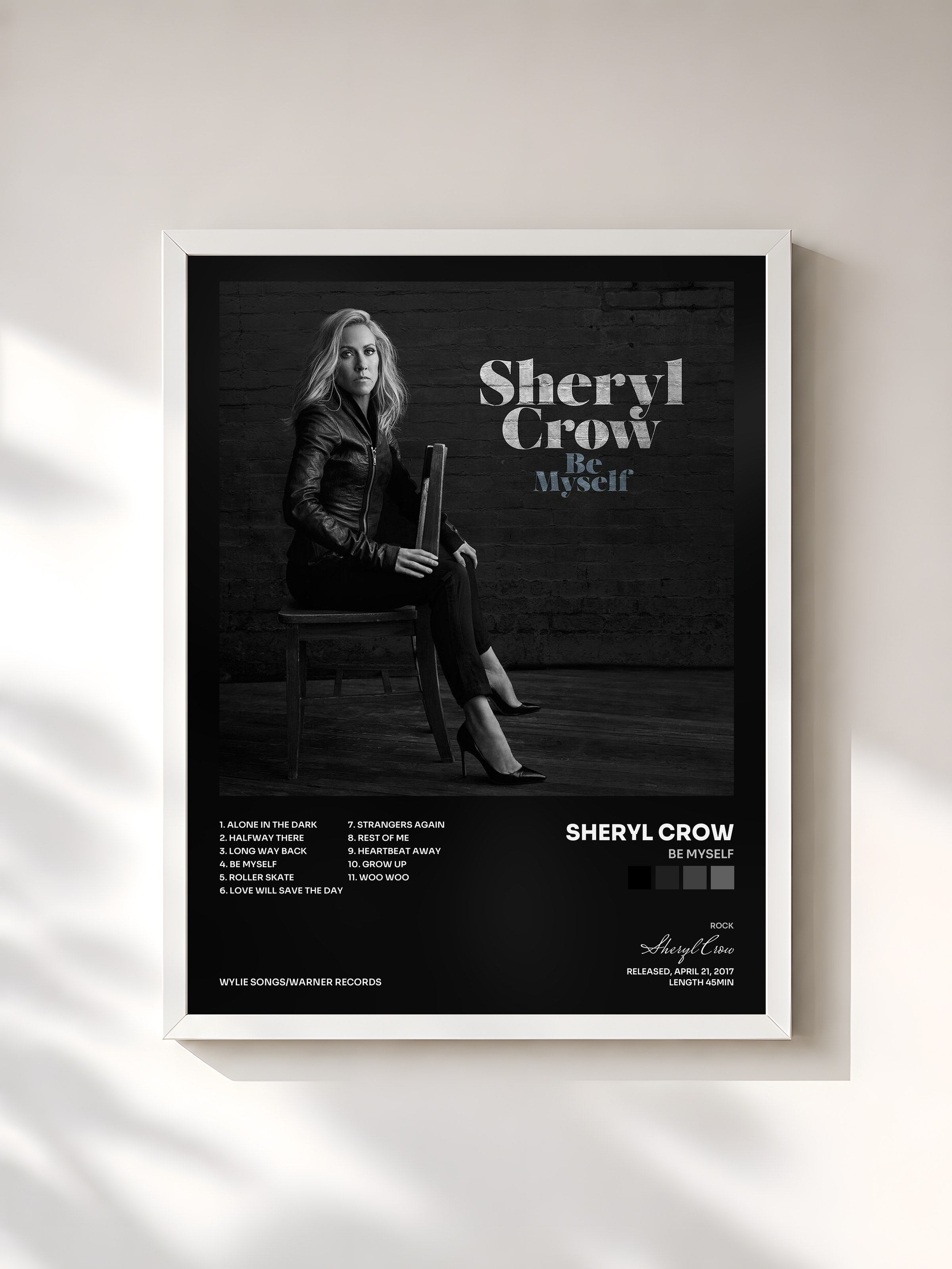 #blanc Tableau de l'album Be Myself de Sheryl Crow, cadre blanc, imprimé et encadré en France