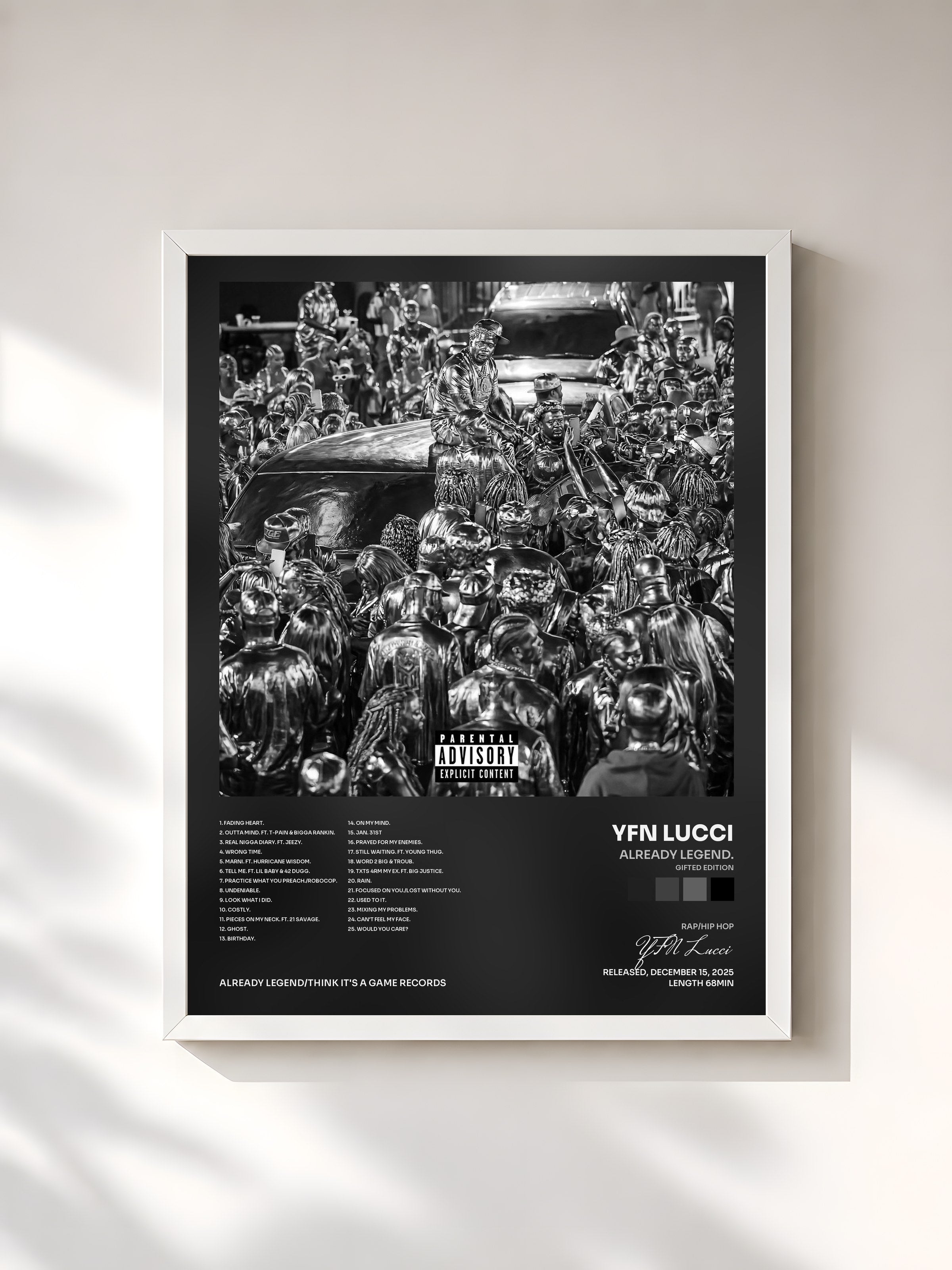 #blanc Tableau de l'album ALREADY LEGEND. (GIFTED Edition) de YFN Lucci, cadre blanc, imprimé et encadré en France
