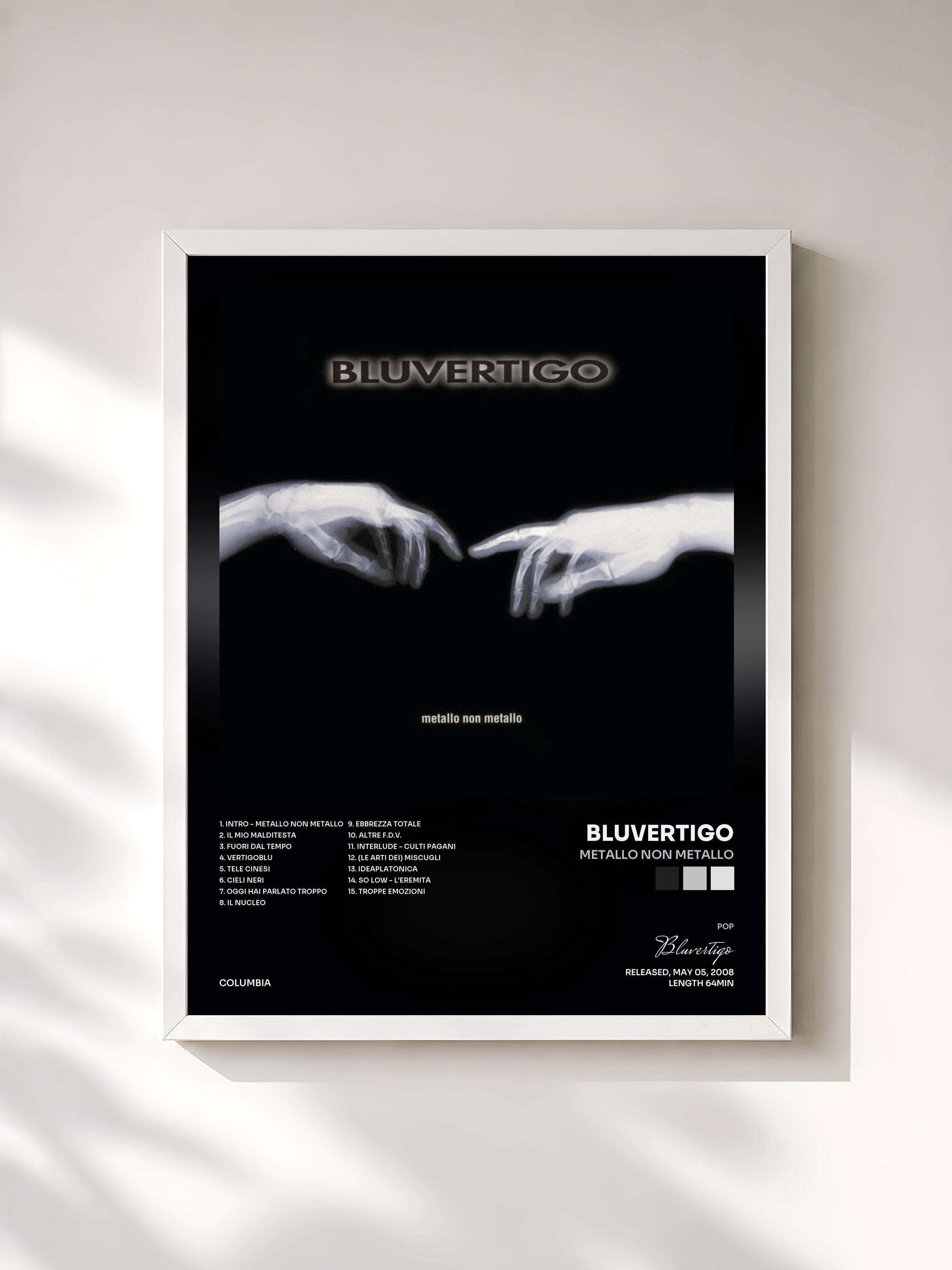 #blanc Tableau de l'album Metallo Non Metallo de Bluvertigo, cadre blanc, imprimé et encadré en France