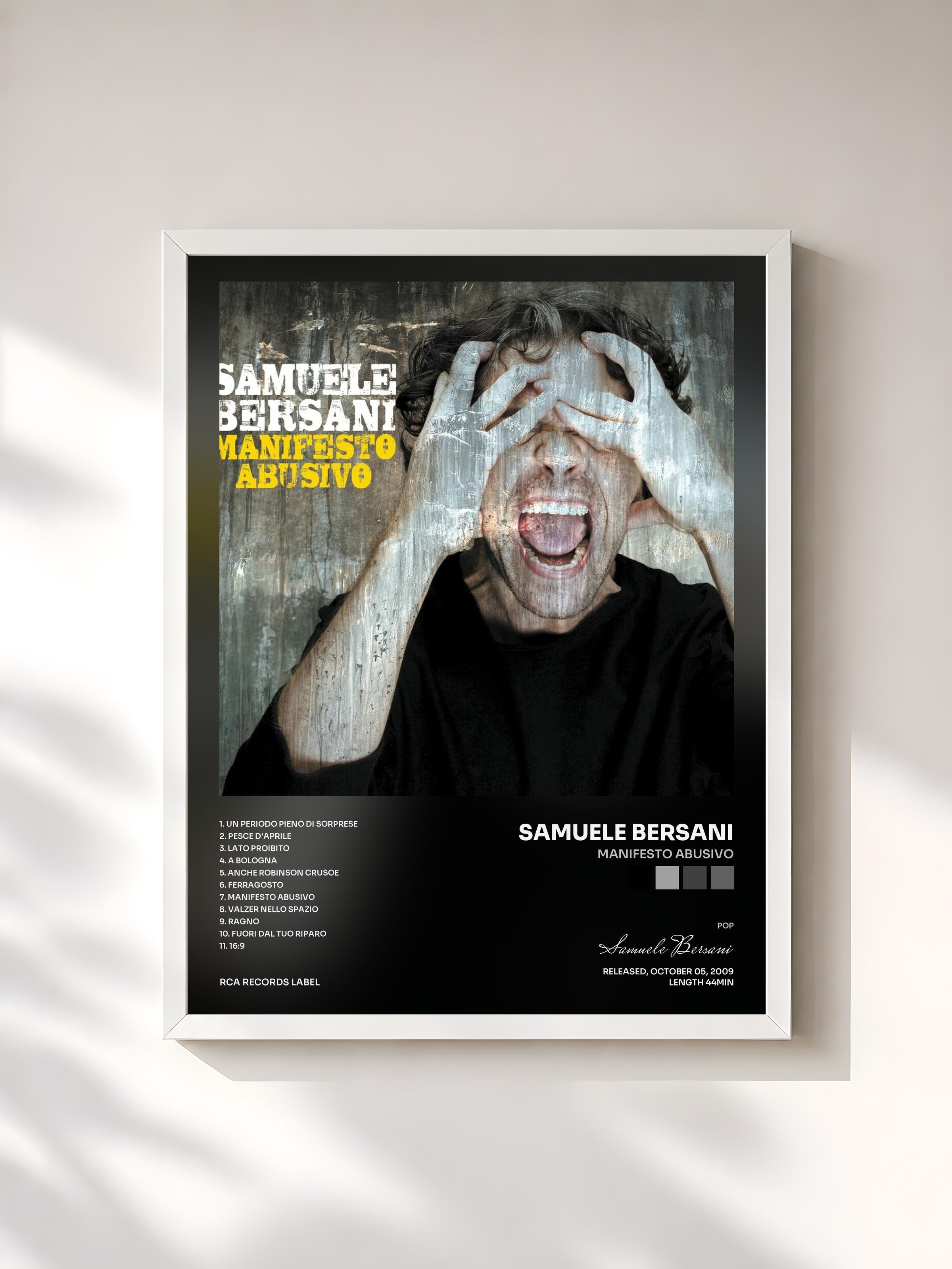#blanc Tableau de l'album Manifesto Abusivo de Samuele Bersani, cadre blanc, imprimé et encadré en France