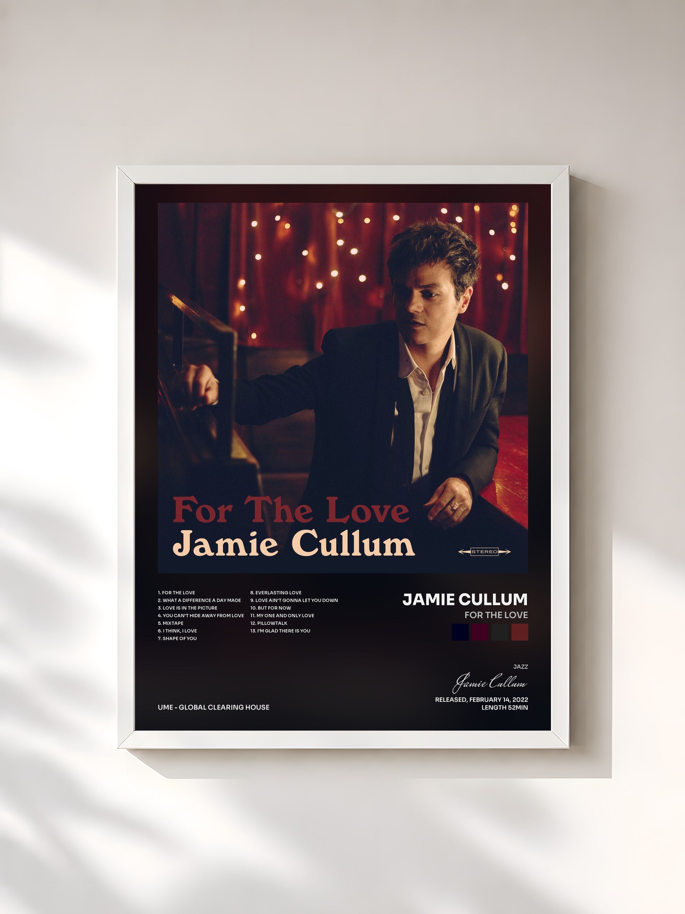 #blanc Tableau de l'album For The Love de Jamie Cullum, cadre blanc, imprimé et encadré en France