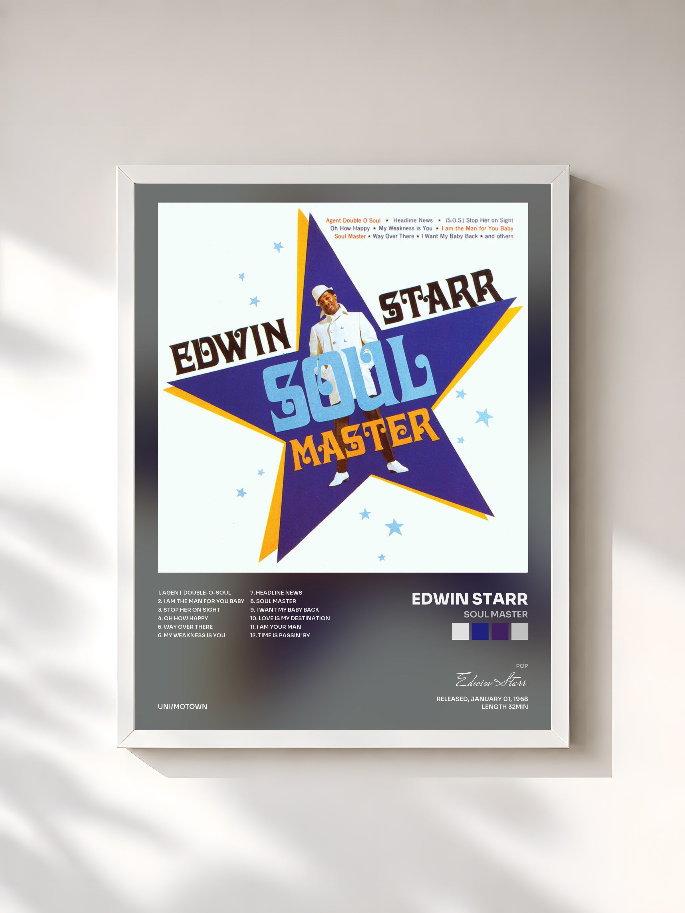 #blanc Tableau de l'album Soul Master de Edwin Starr, cadre blanc, imprimé et encadré en France