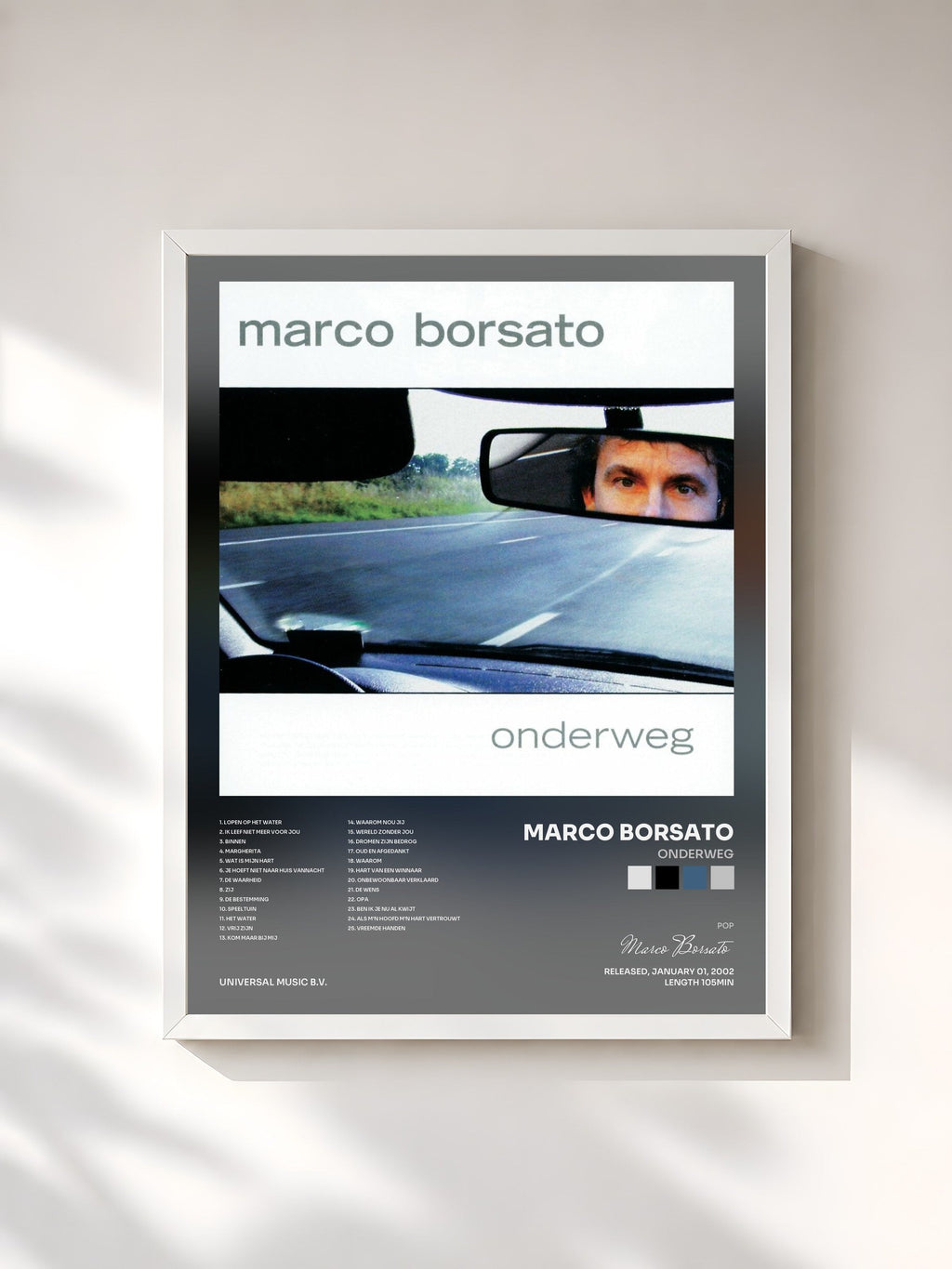#blanc Onderweg de Marco Borsato en lámina enmarcada, marco blanco, impresa y enmarcada en Francia