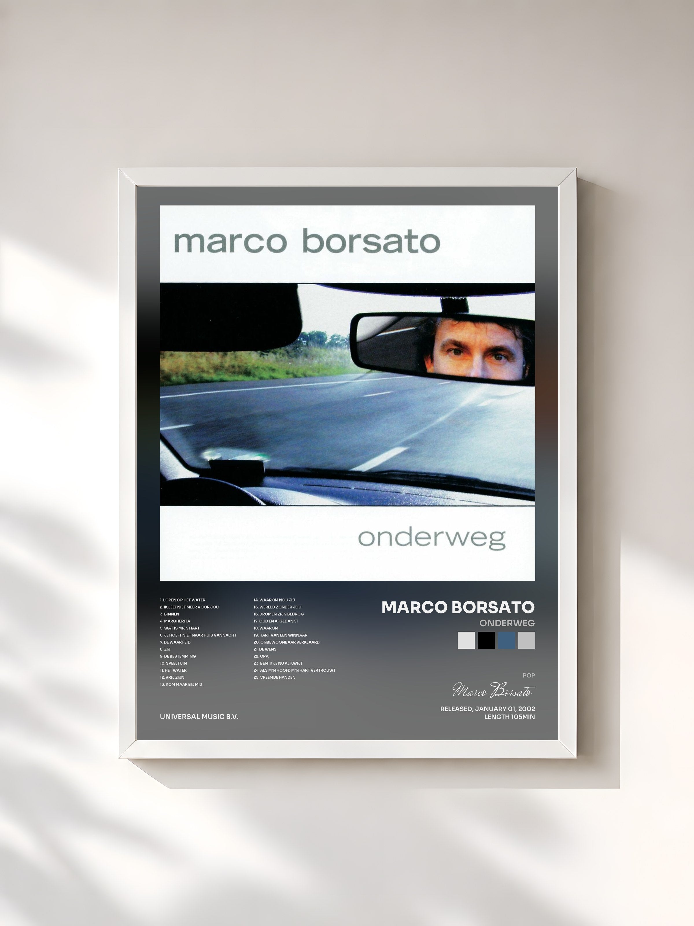 #blanc Tableau de l'album Onderweg de Marco Borsato, cadre blanc, imprimé et encadré en France