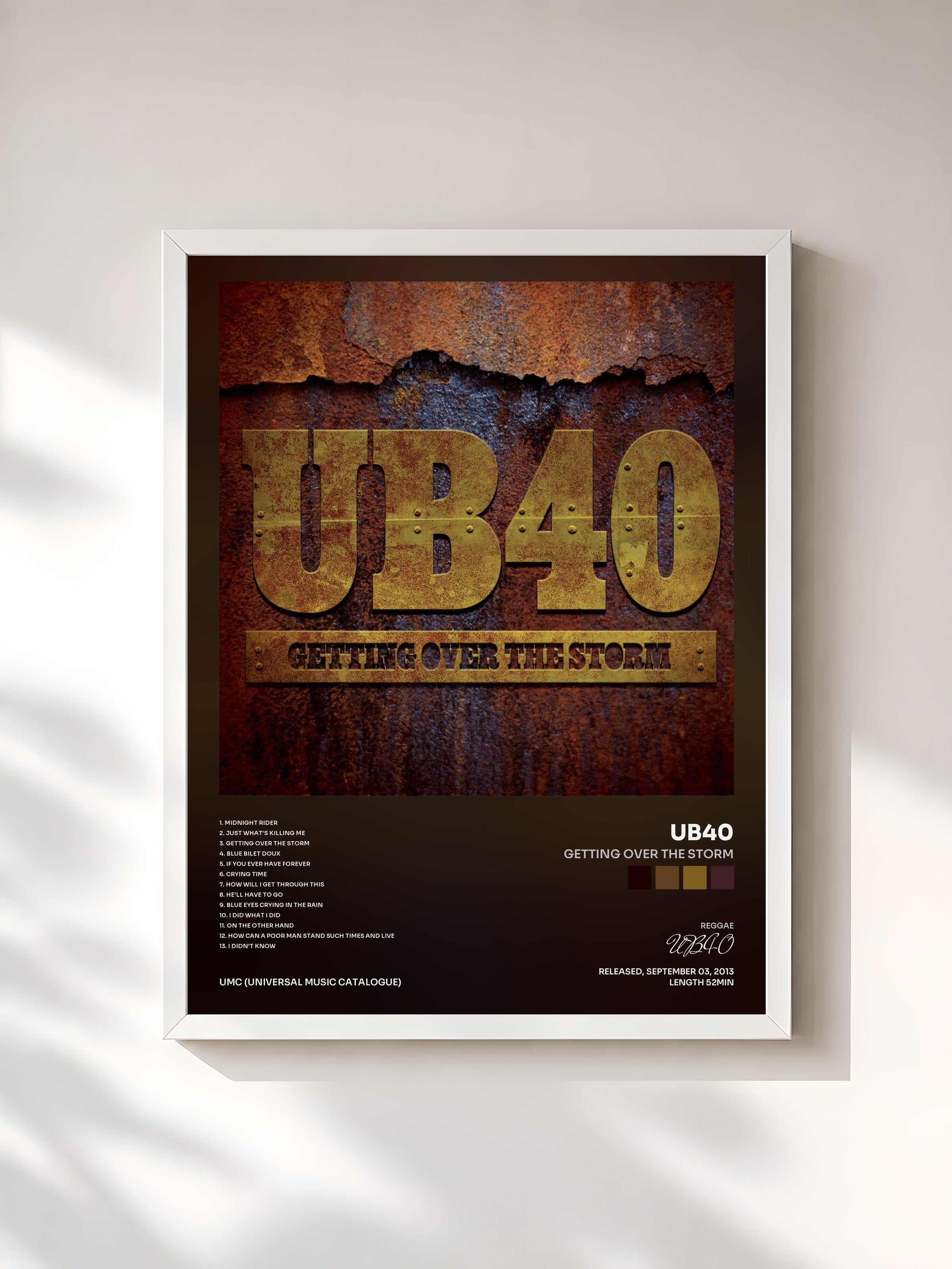 #blanc Tableau de l'album Getting Over The Storm de UB40, cadre blanc, imprimé et encadré en France