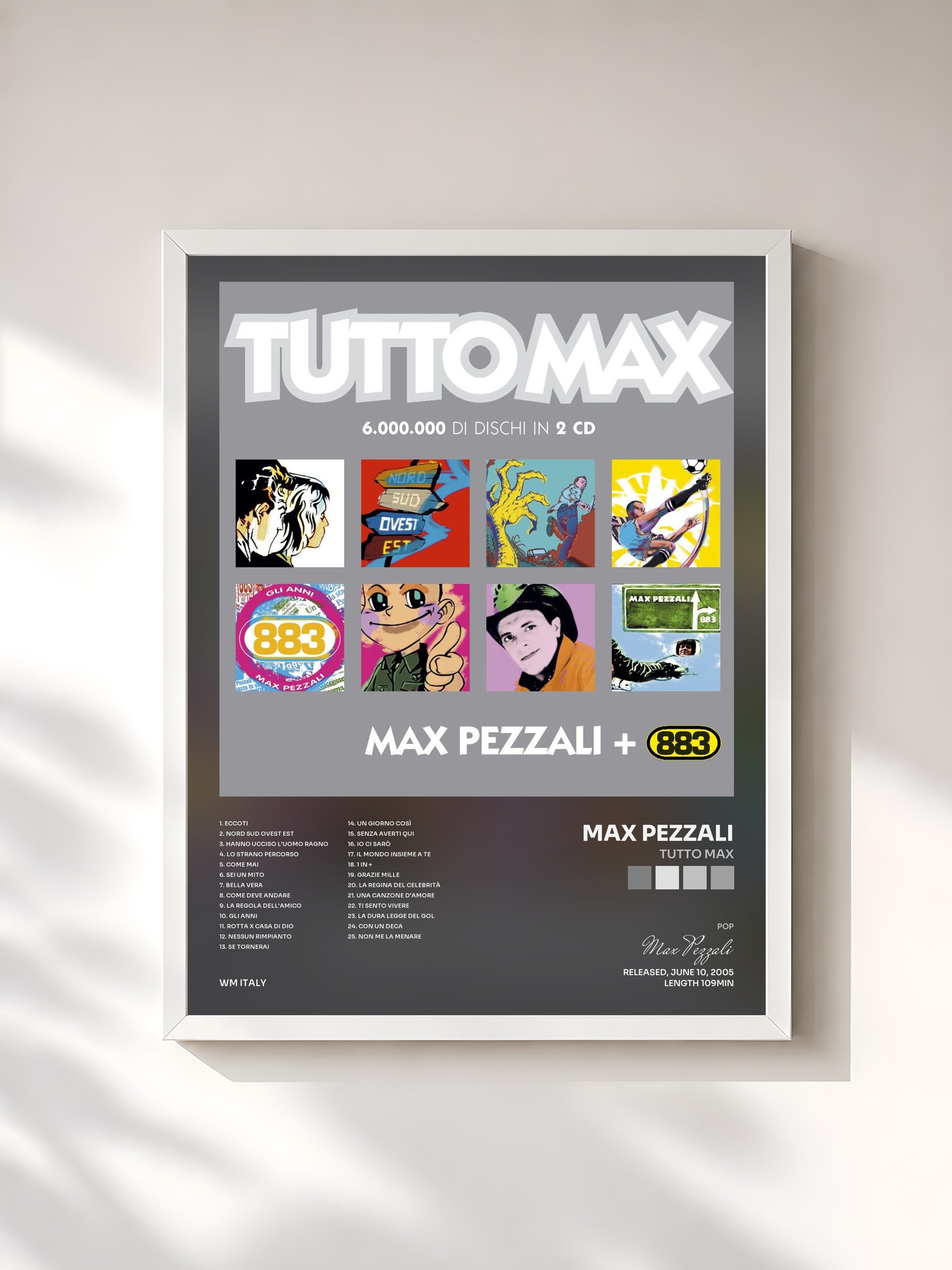 #blanc Tableau de l'album Tutto Max de Max Pezzali, cadre blanc, imprimé et encadré en France