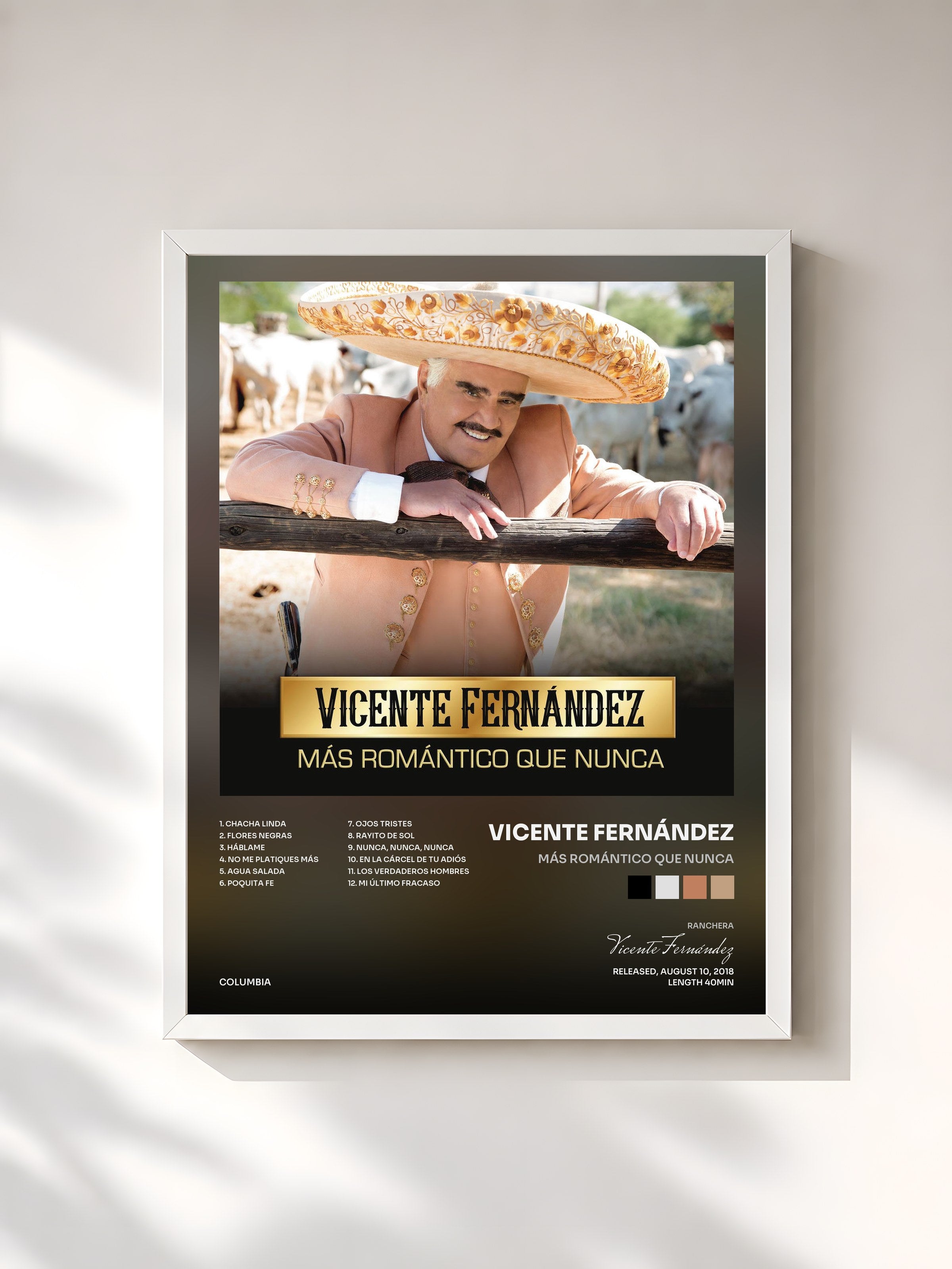 #blanc Tableau de l'album Más Romántico Que Nunca de Vicente Fernández, cadre blanc, imprimé et encadré en France