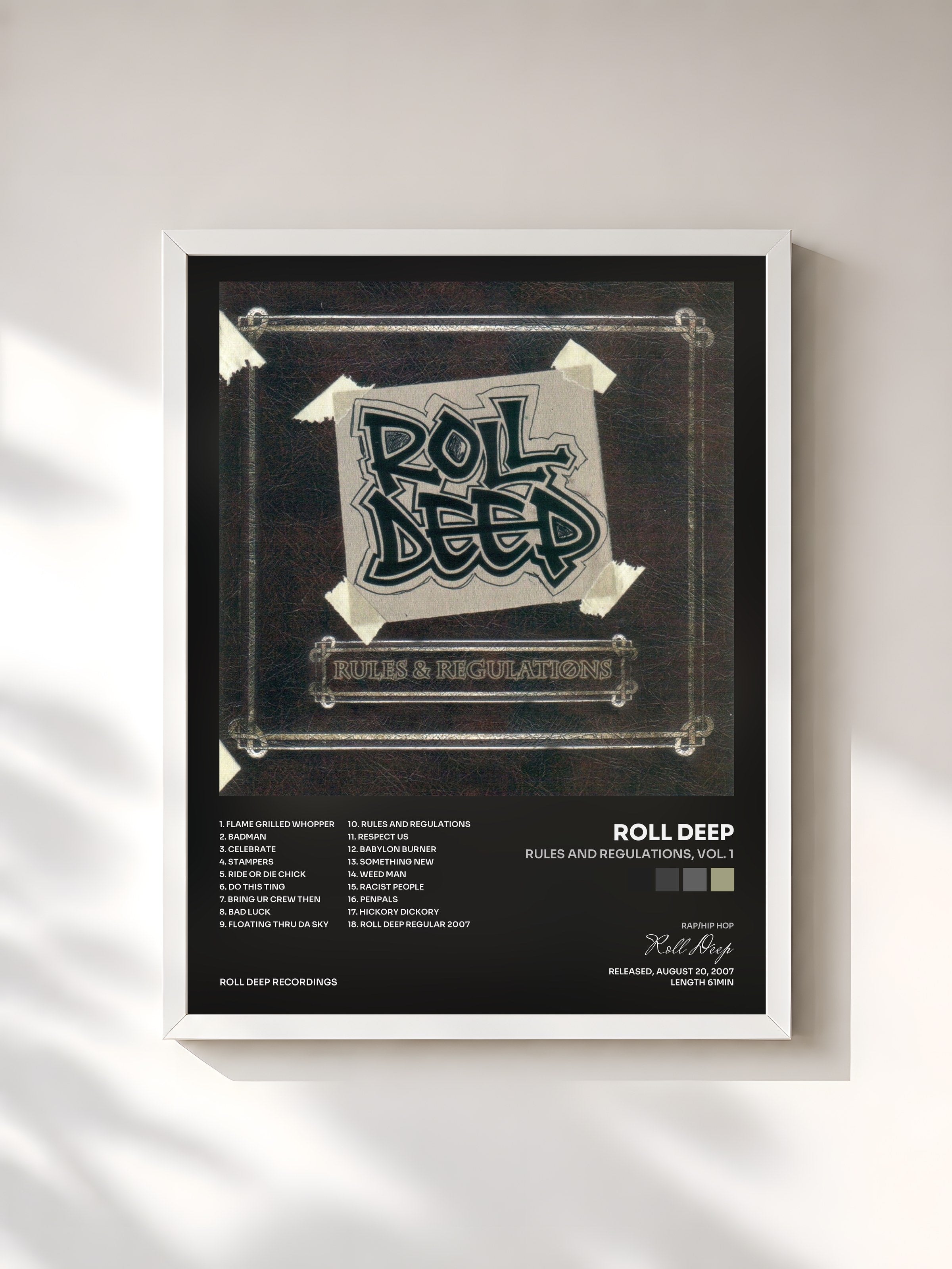 #blanc Tableau de l'album Rules and Regulations, Vol. 1 de Roll Deep, cadre blanc, imprimé et encadré en France