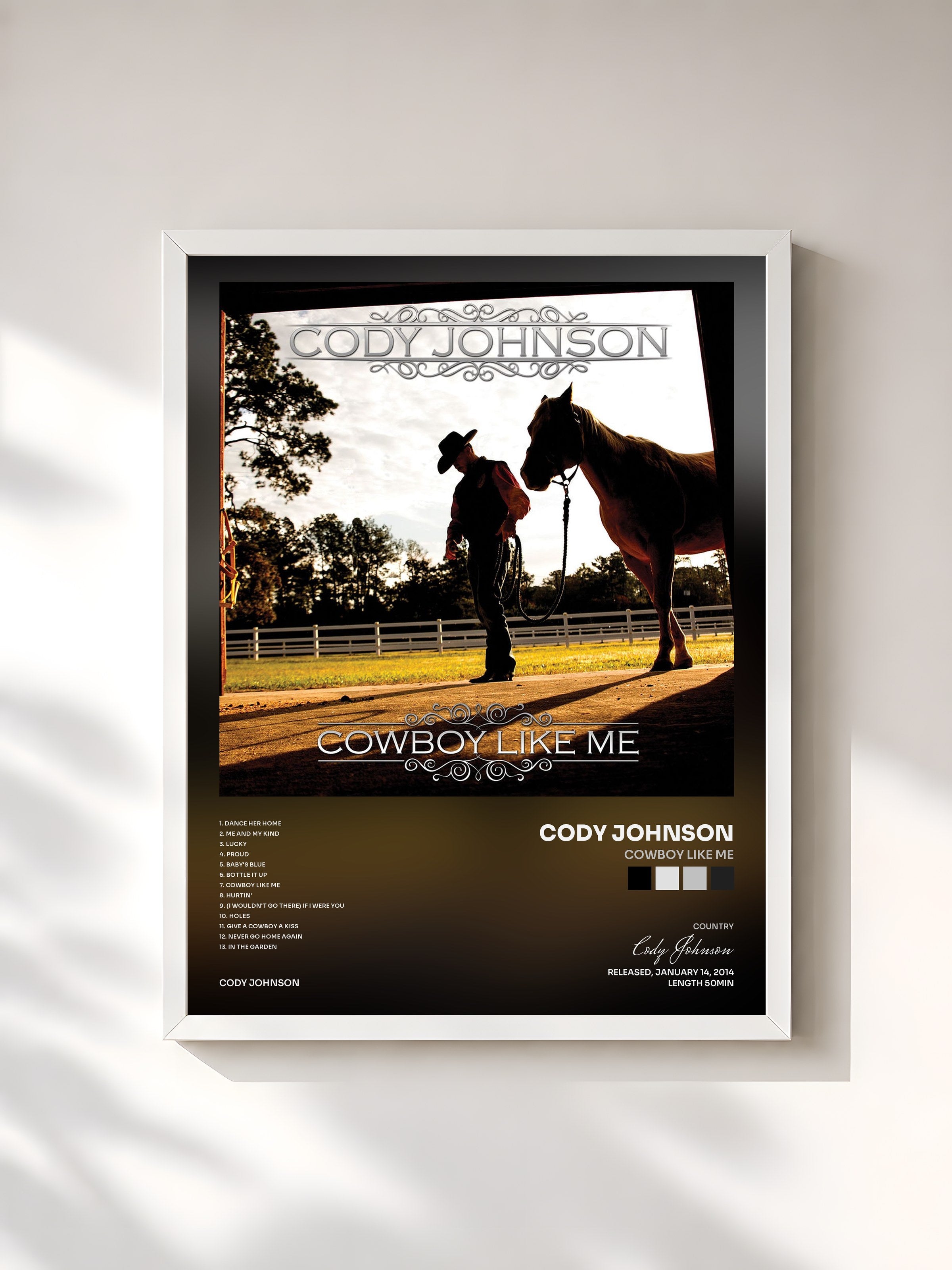 #blanc Tableau de l'album Cowboy Like Me de Cody Johnson, cadre blanc, imprimé et encadré en France