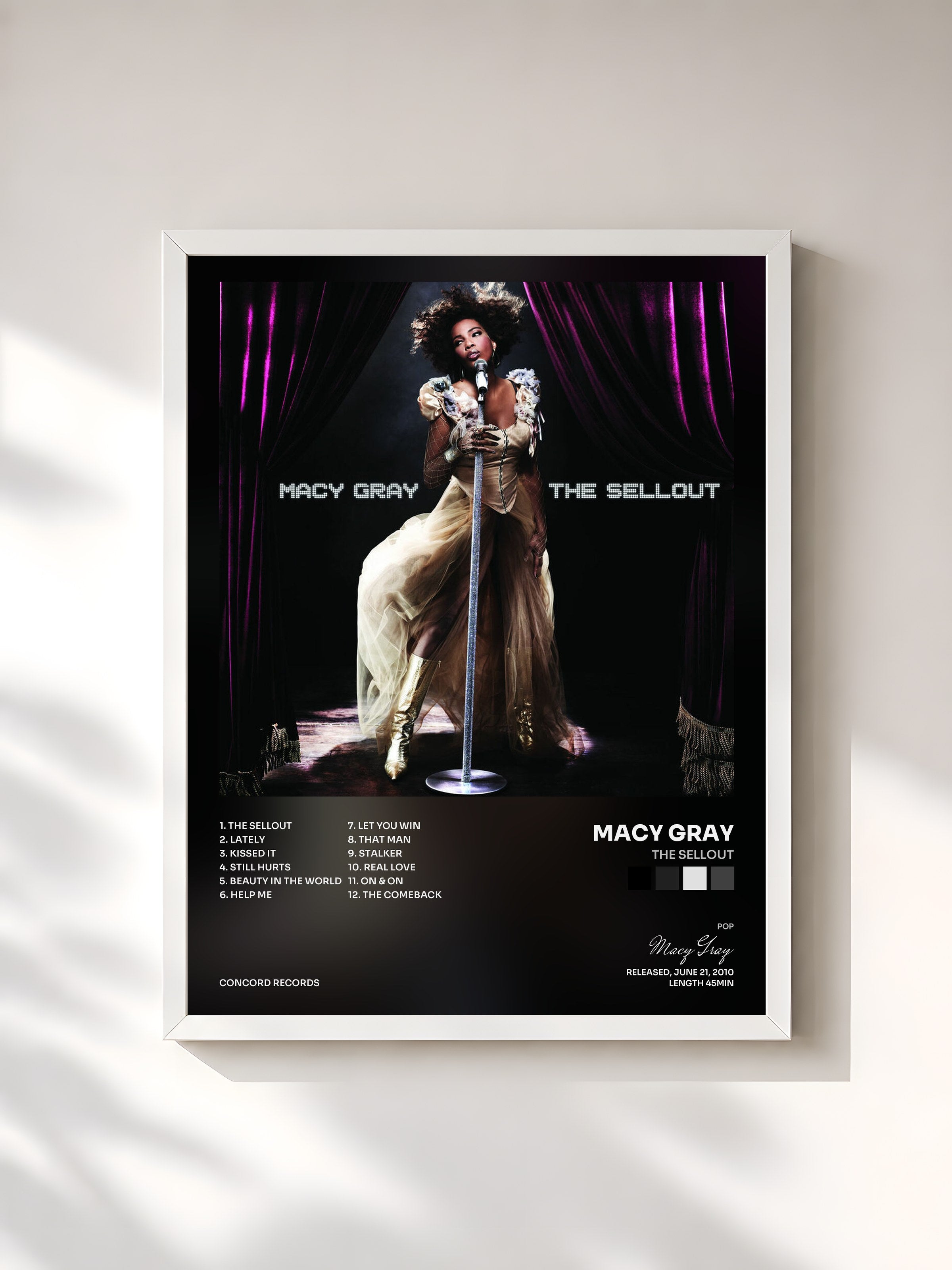 #blanc Tableau de l'album The Sellout de Macy Gray, cadre blanc, imprimé et encadré en France