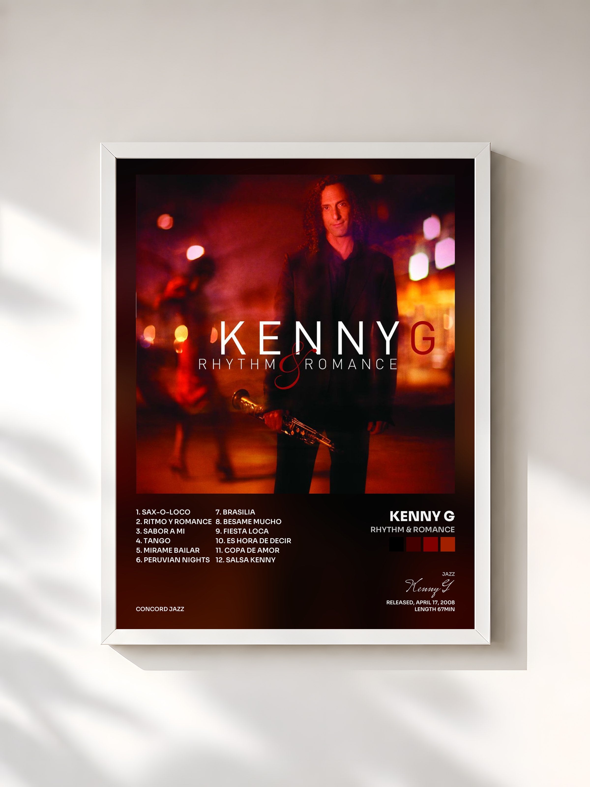#blanc Tableau de l'album Rhythm & Romance de Kenny G, cadre blanc, imprimé et encadré en France