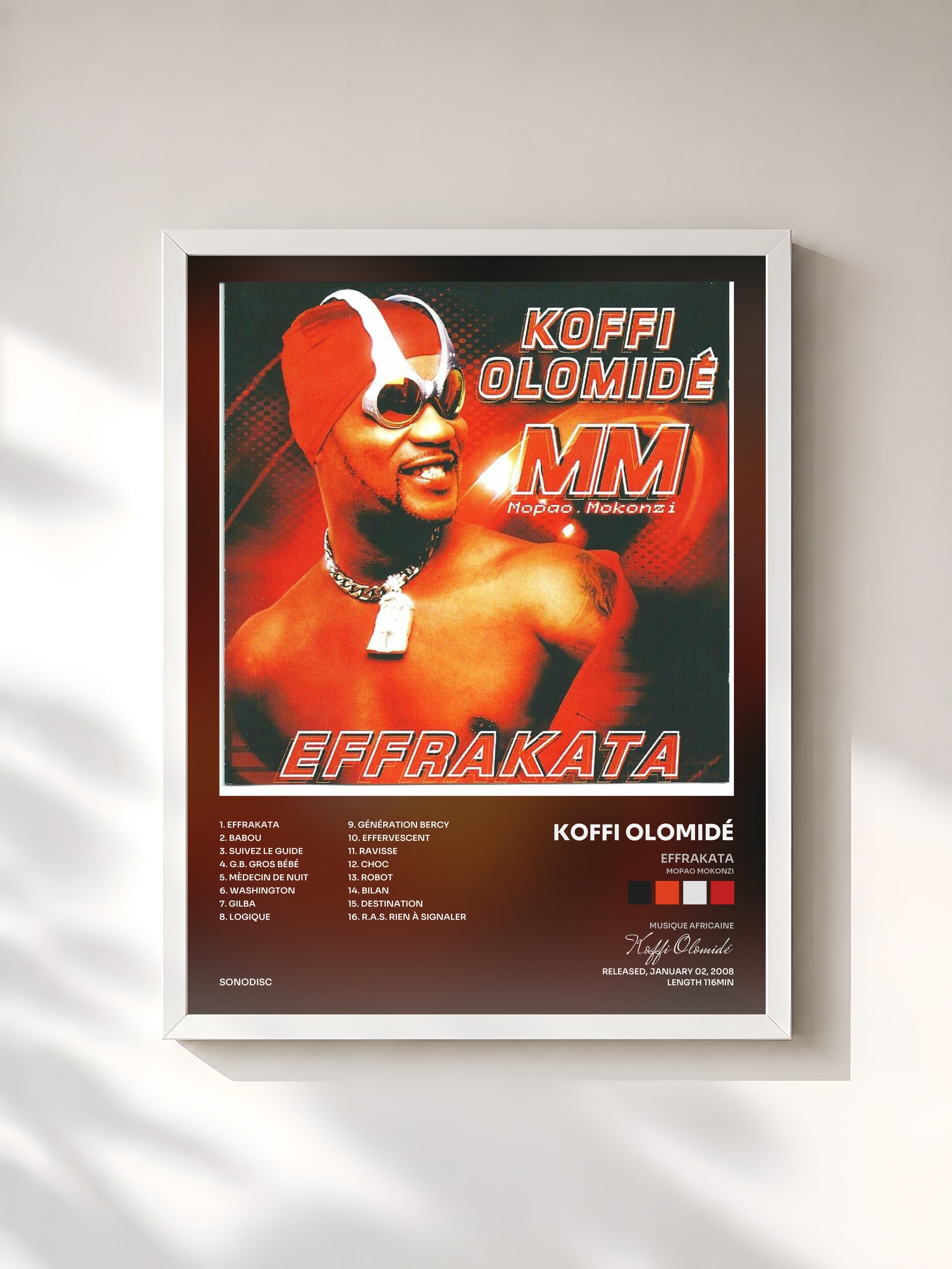 #blanc Tableau de l'album Effrakata (Mopao Mokonzi) de Koffi Olomidé, cadre blanc, imprimé et encadré en France