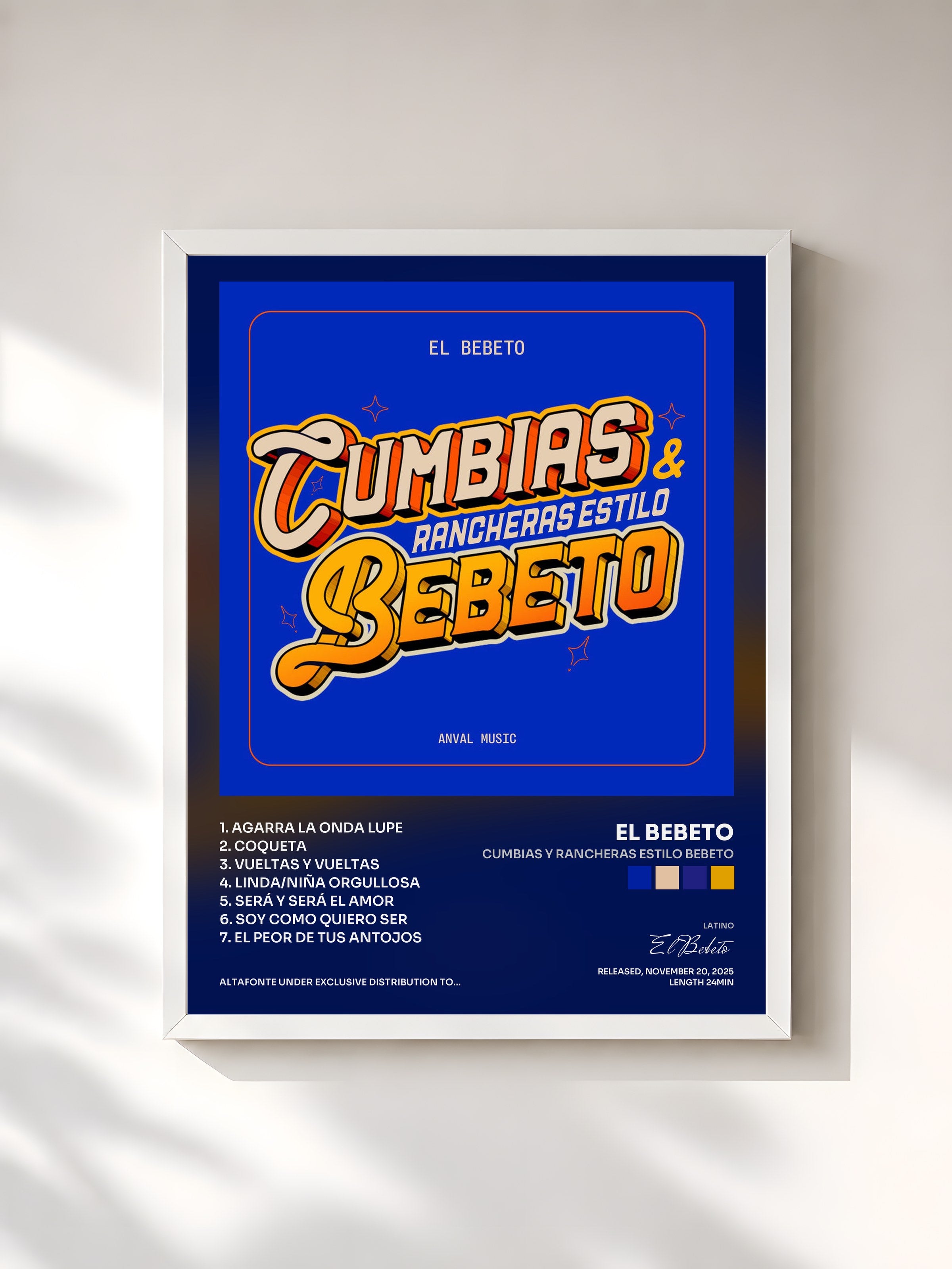#blanc Tableau de l'album Cumbias y Rancheras Estilo Bebeto de El Bebeto, cadre blanc, imprimé et encadré en France