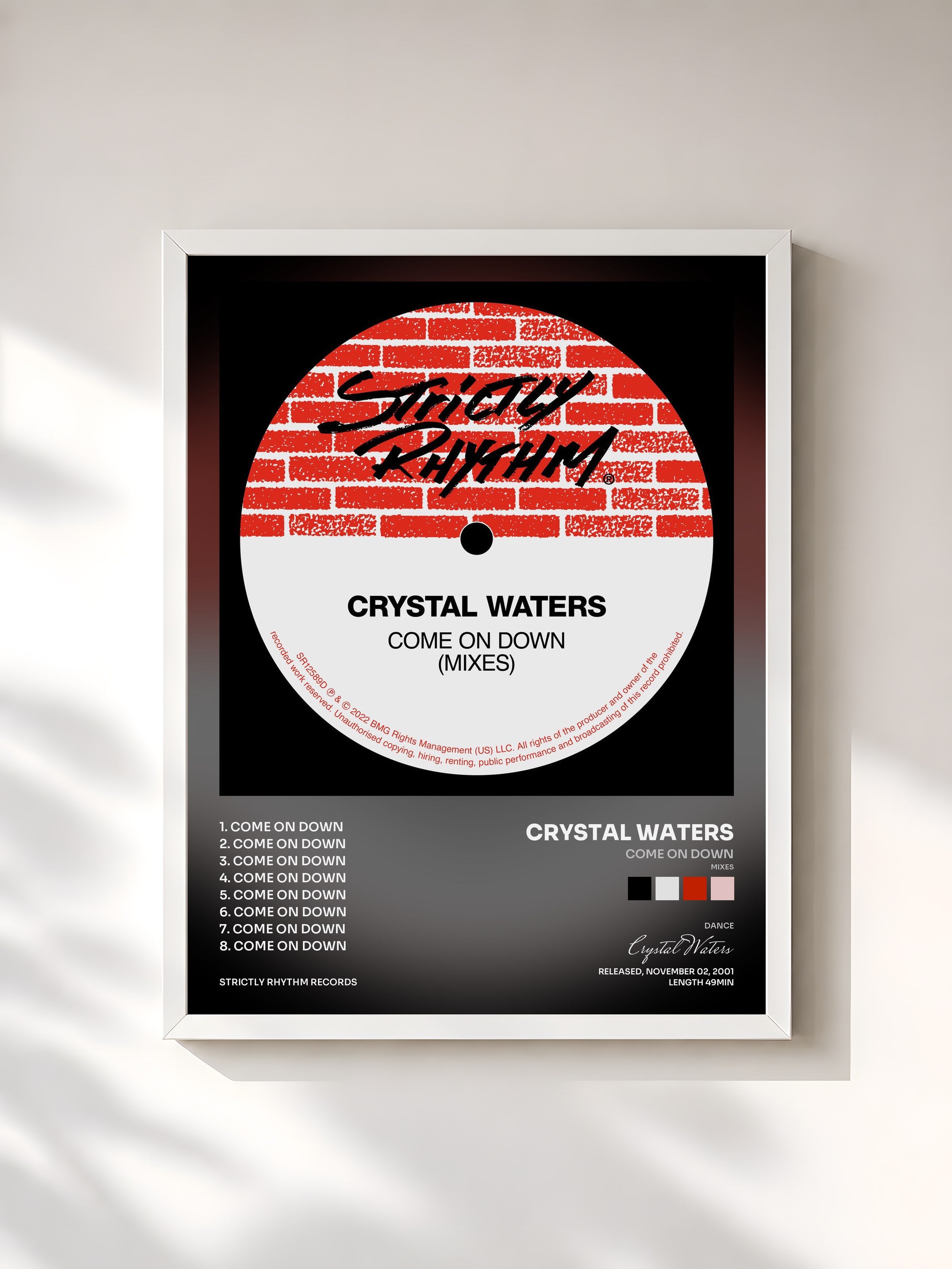#blanc Tableau de l'album Come On Down (Mixes) de Crystal Waters, cadre blanc, imprimé et encadré en France