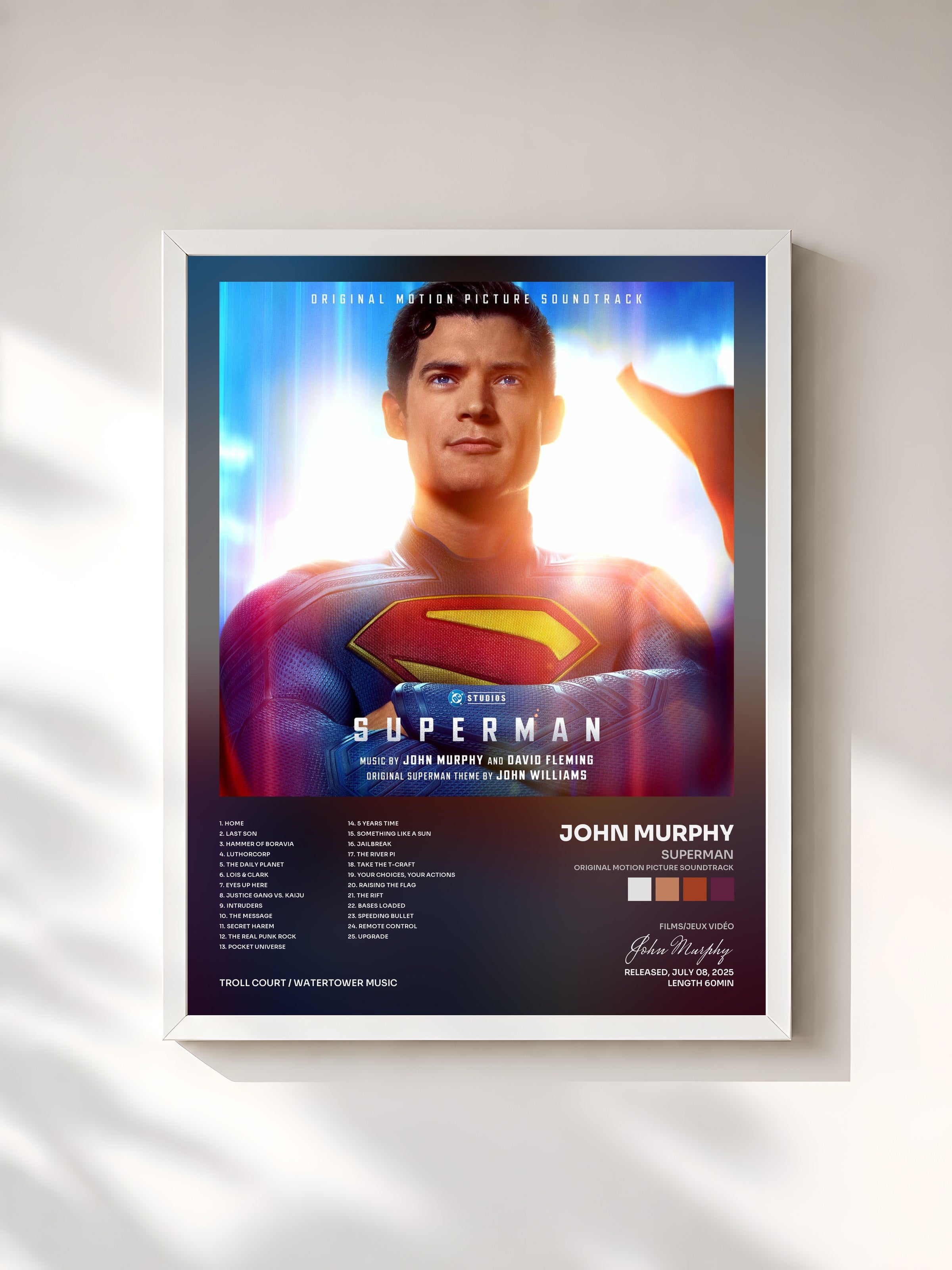 #blanc Tableau de l'album Superman (Original Motion Picture Soundtrack) de John Murphy, cadre blanc, imprimé et encadré en France