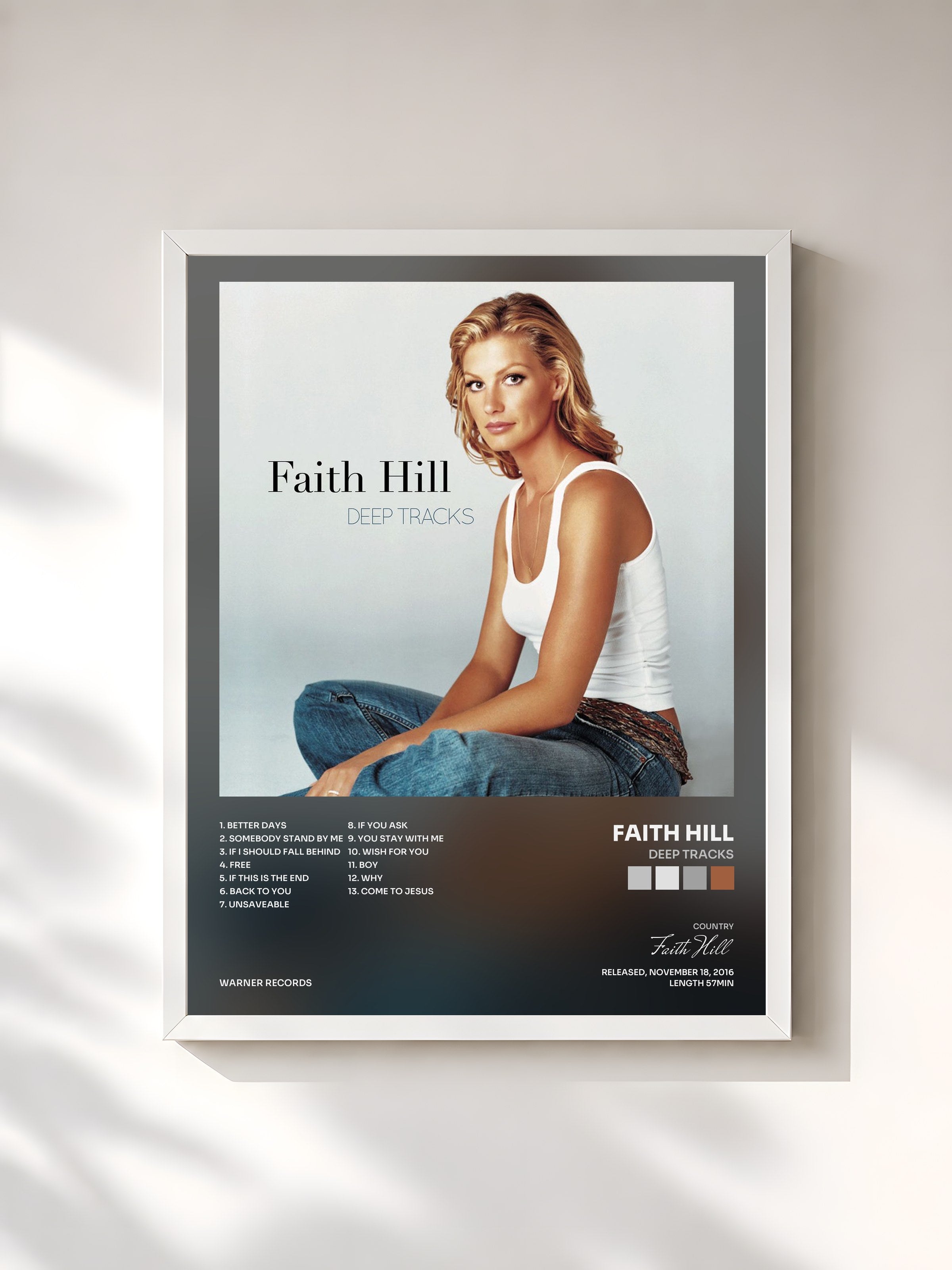 #blanc Tableau de l'album Deep Tracks de Faith Hill, cadre blanc, imprimé et encadré en France