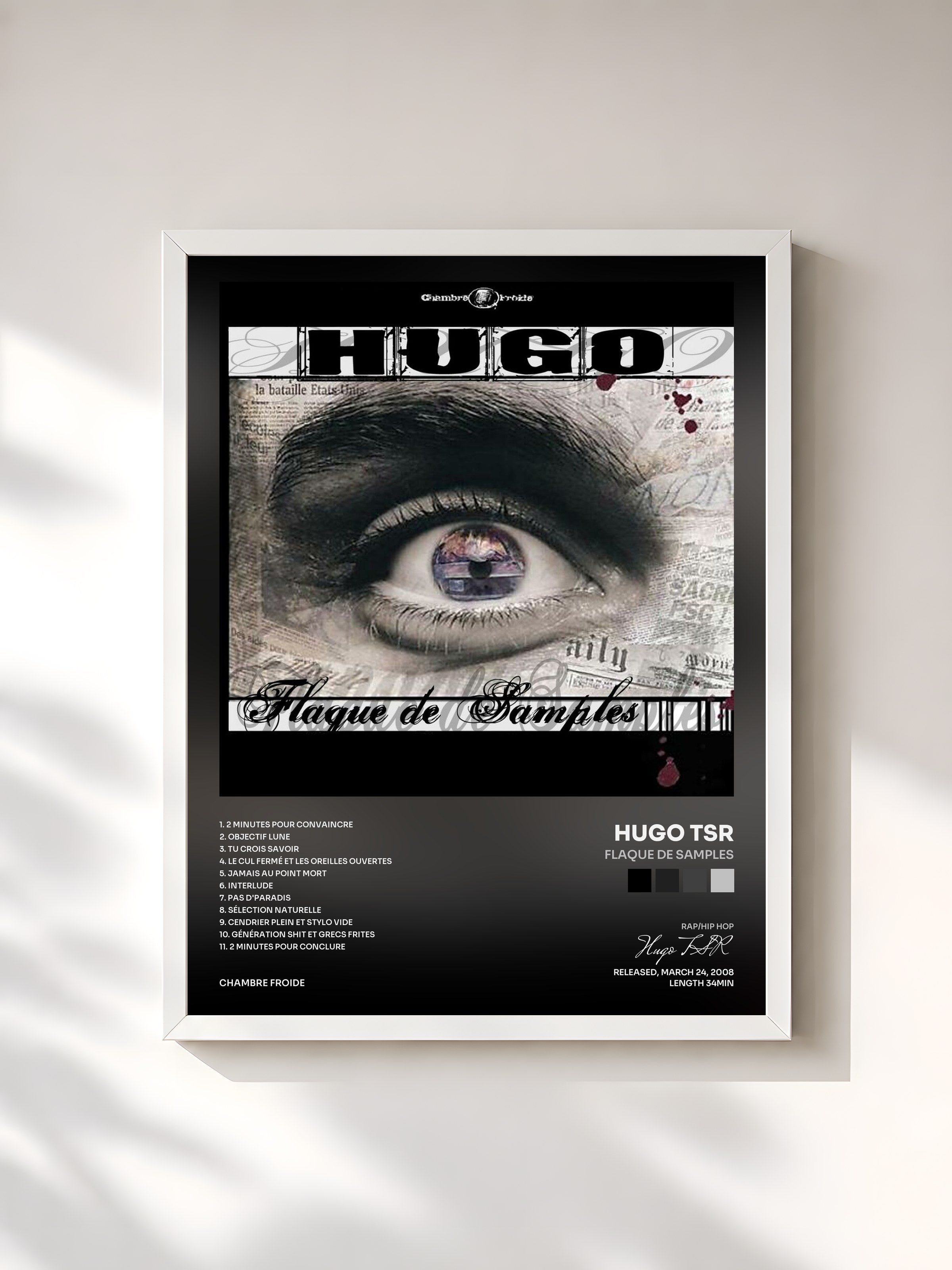 #blanc Tableau de l'album Flaque De Samples de Hugo TSR, cadre blanc, imprimé et encadré en France