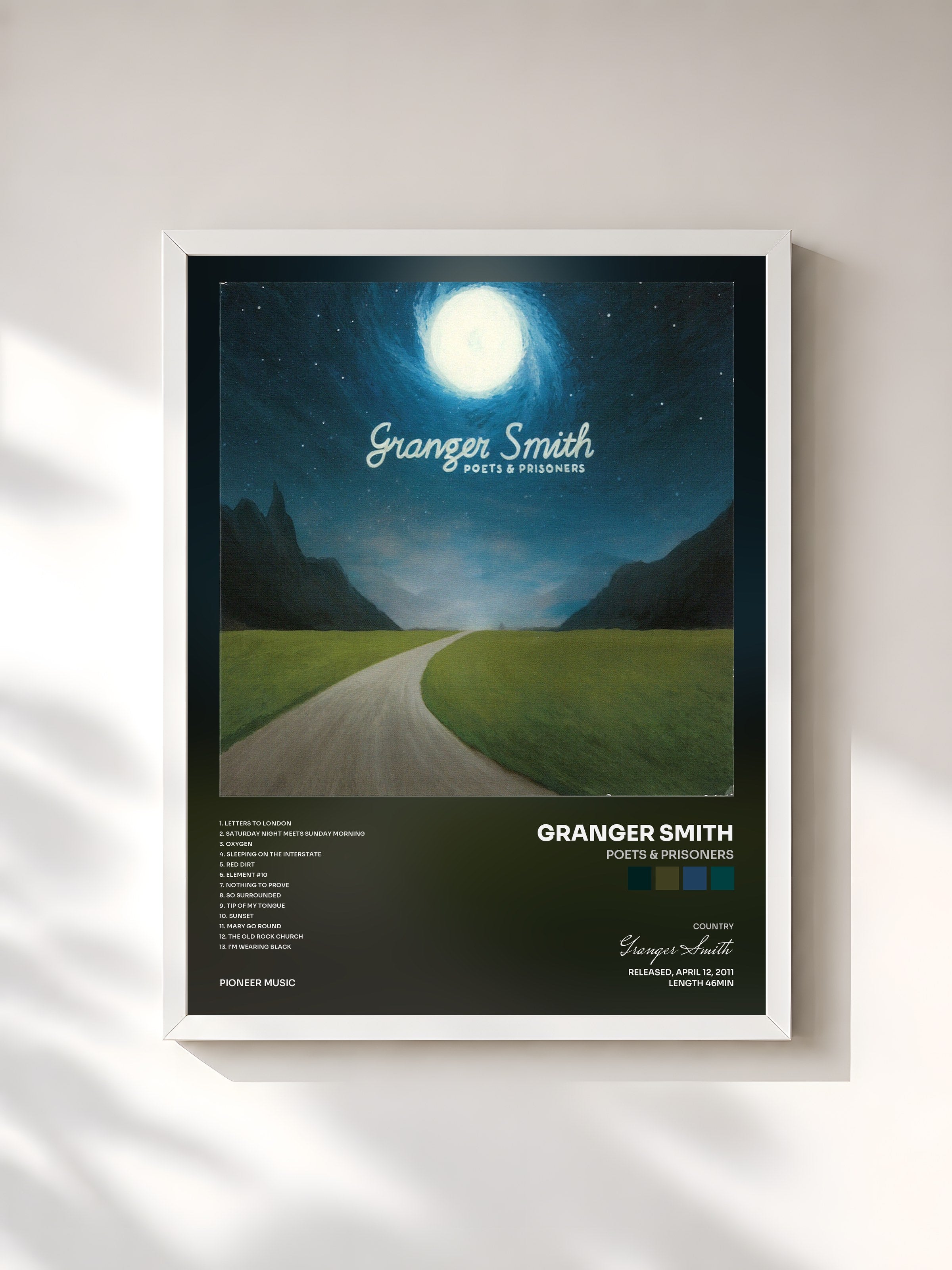 #blanc Tableau de l'album Poets & Prisoners de Granger Smith, cadre blanc, imprimé et encadré en France