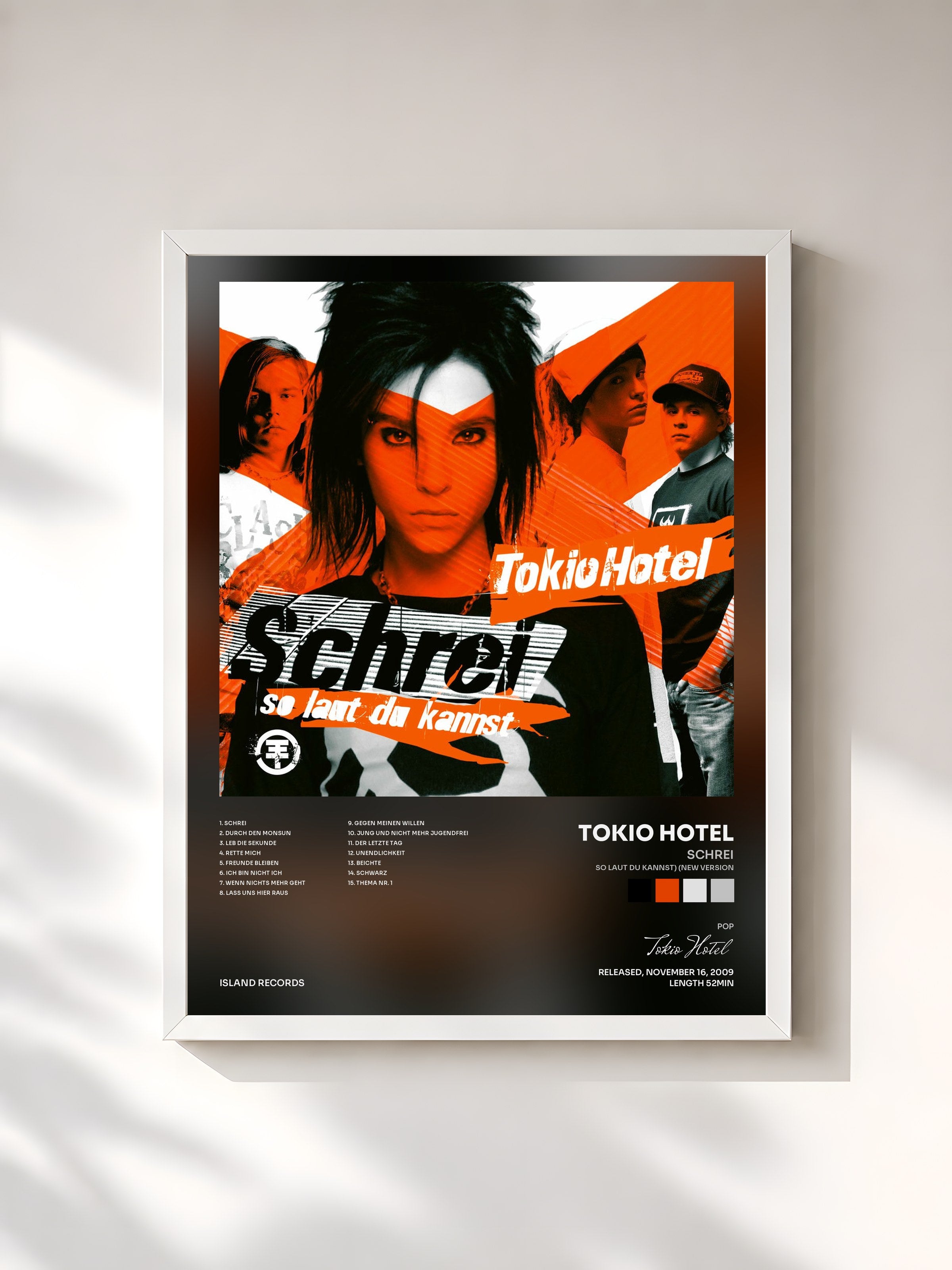 #blanc Tableau de l'album Schrei (so laut du kannst) (New Version) de Tokio Hotel, cadre blanc, imprimé et encadré en France