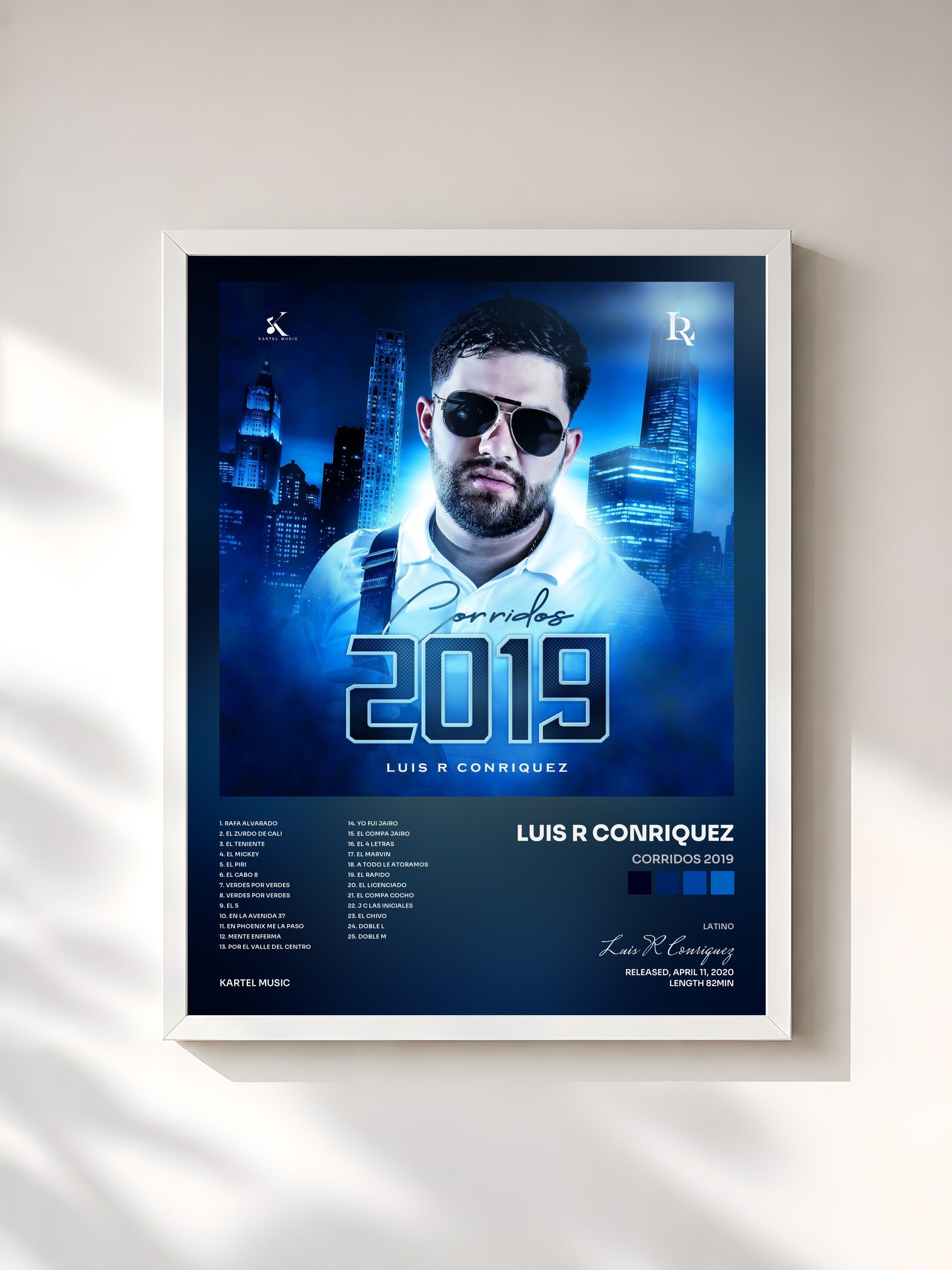 #blanc Tableau de l'album Corridos 2019 de Luis R Conriquez, cadre blanc, imprimé et encadré en France