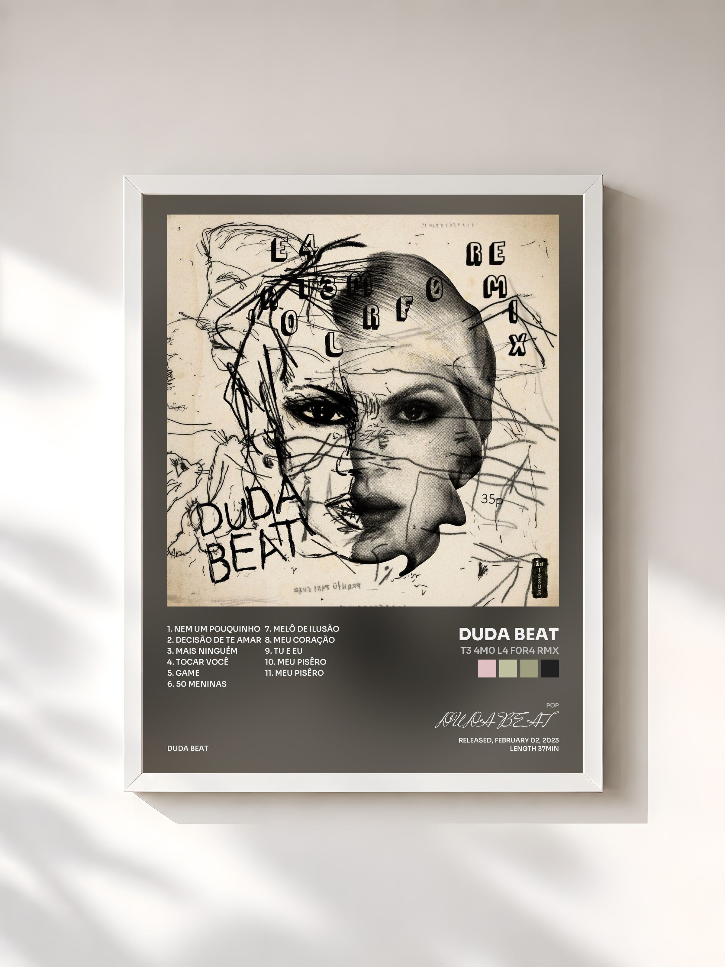 #blanc Tableau de l'album T3 4M0 L4 F0R4 RMX de DUDA BEAT, cadre blanc, imprimé et encadré en France