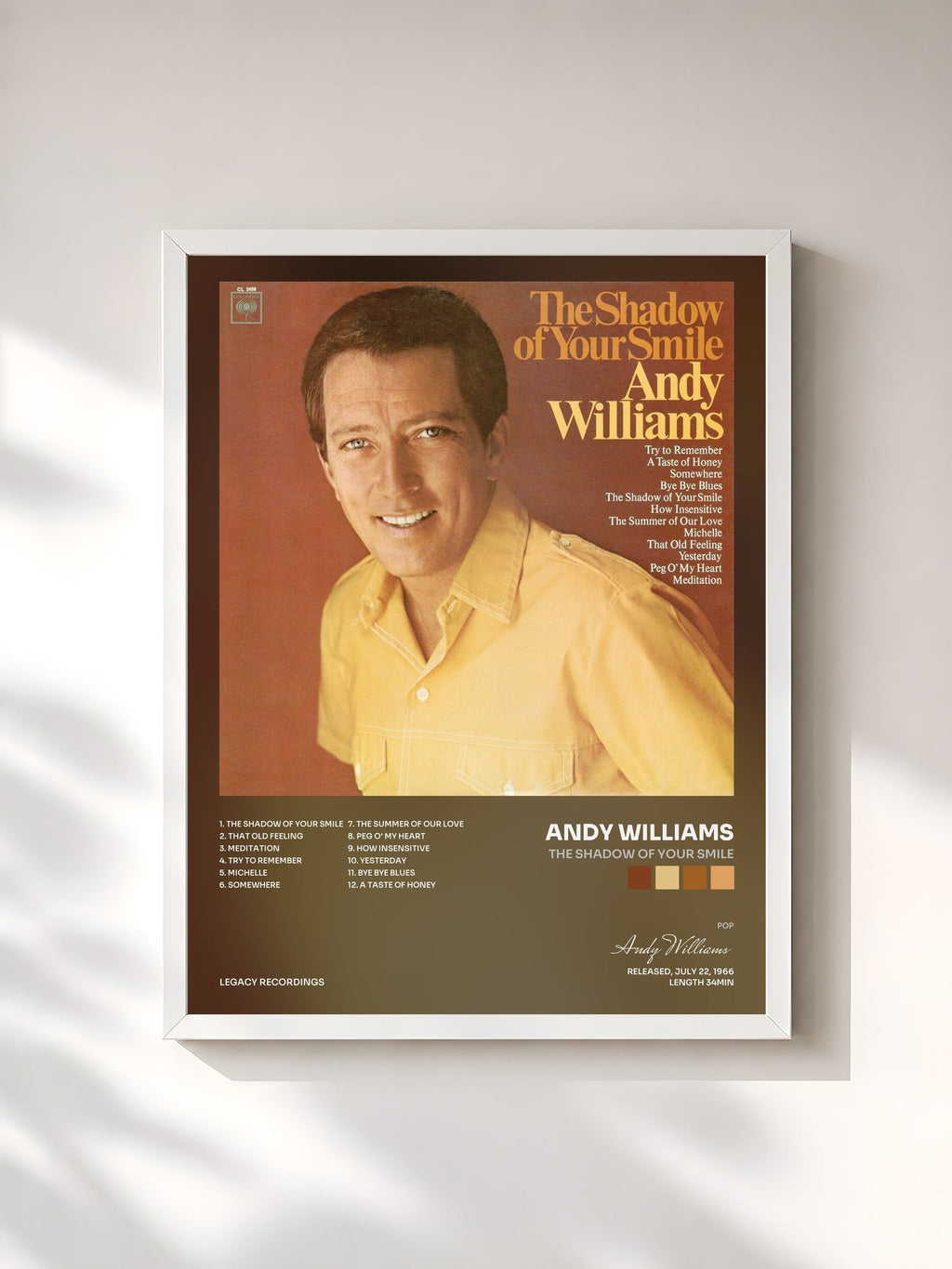 #blanc Tableau de l'album The Shadow of Your Smile de Andy Williams, cadre blanc, imprimé et encadré en France