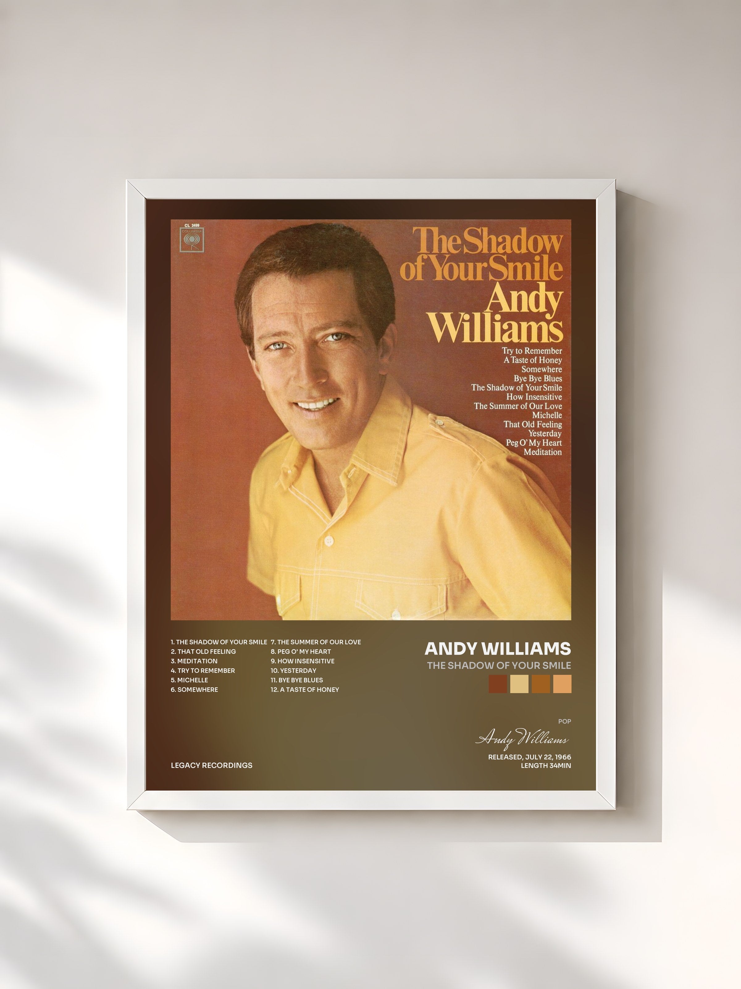 #blanc Tableau de l'album The Shadow of Your Smile de Andy Williams, cadre blanc, imprimé et encadré en France