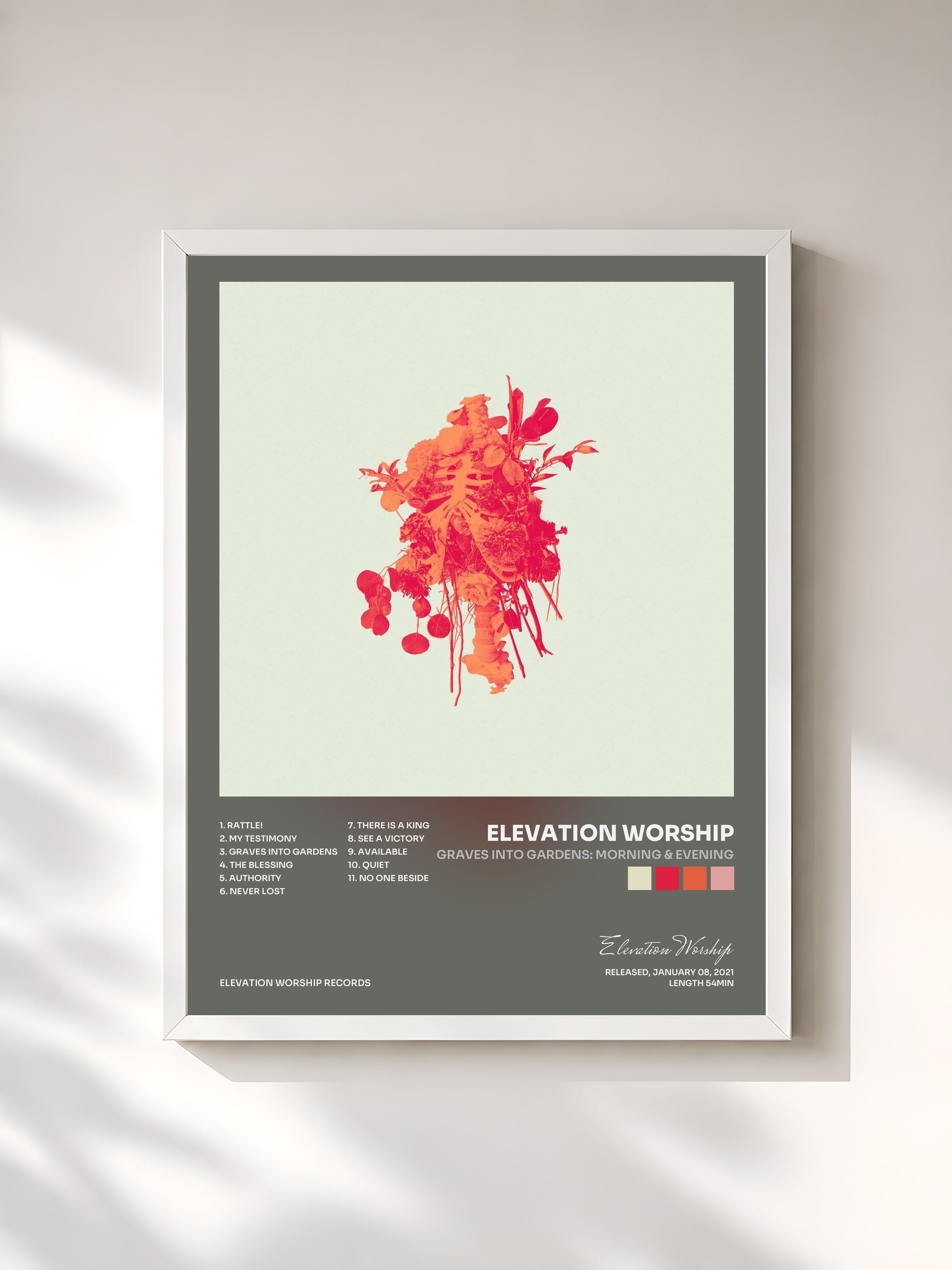 #blanc Tableau de l'album Graves Into Gardens: Morning & Evening de Elevation Worship, cadre blanc, imprimé et encadré en France
