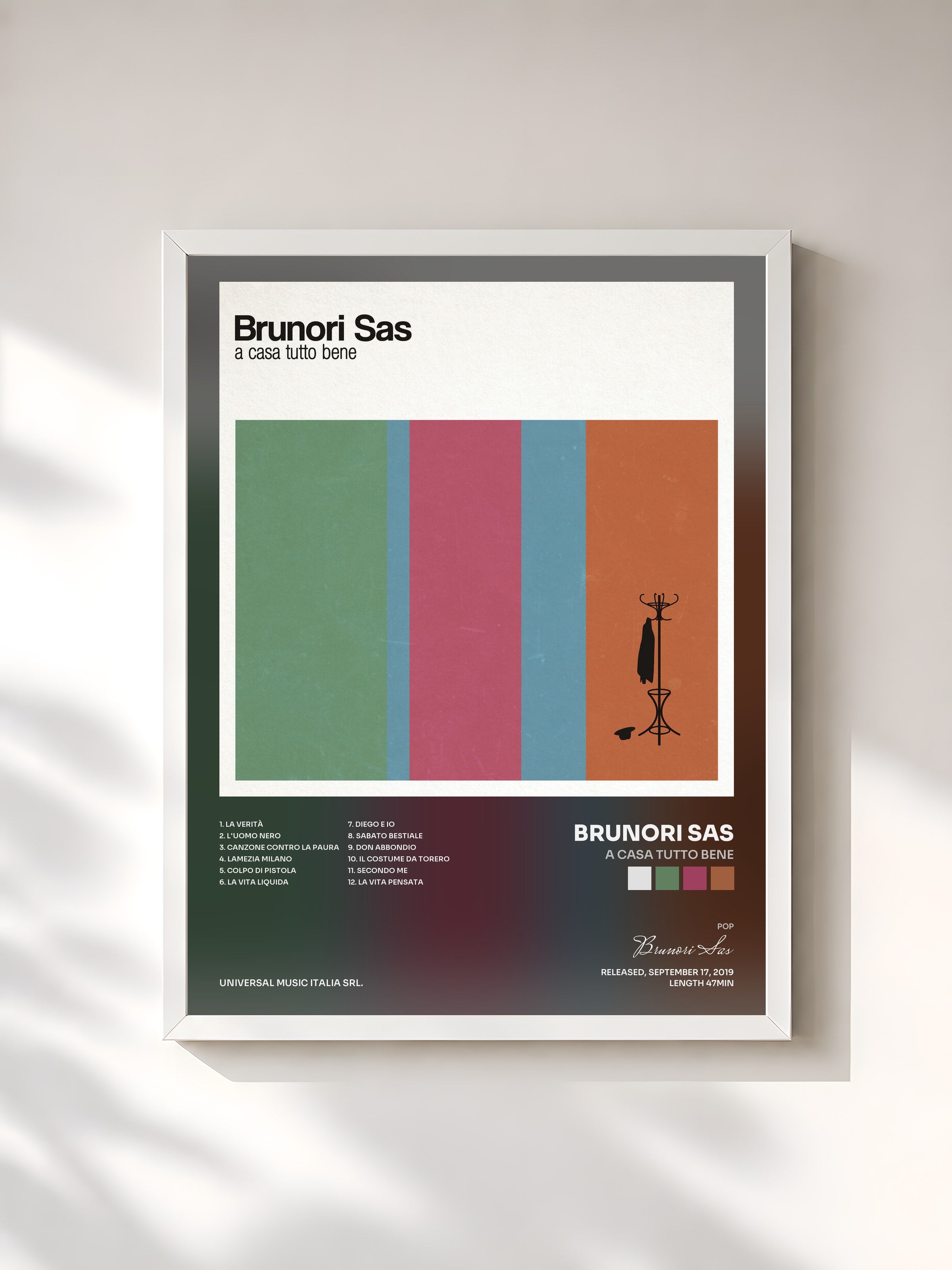 #blanc Tableau de l'album A Casa Tutto Bene de Brunori Sas, cadre blanc, imprimé et encadré en France