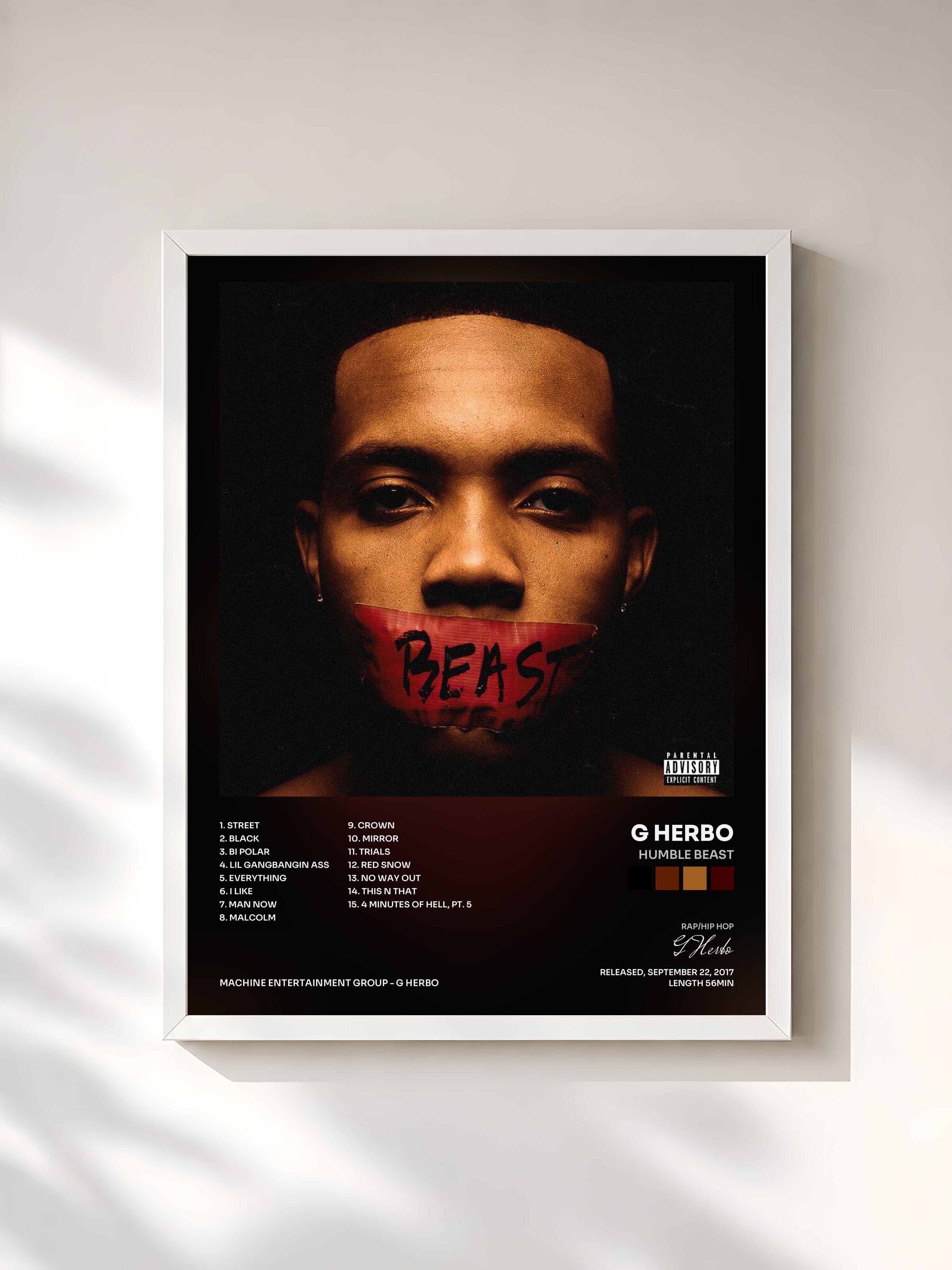 #blanc Tableau de l'album Humble Beast de G Herbo, cadre blanc, imprimé et encadré en France