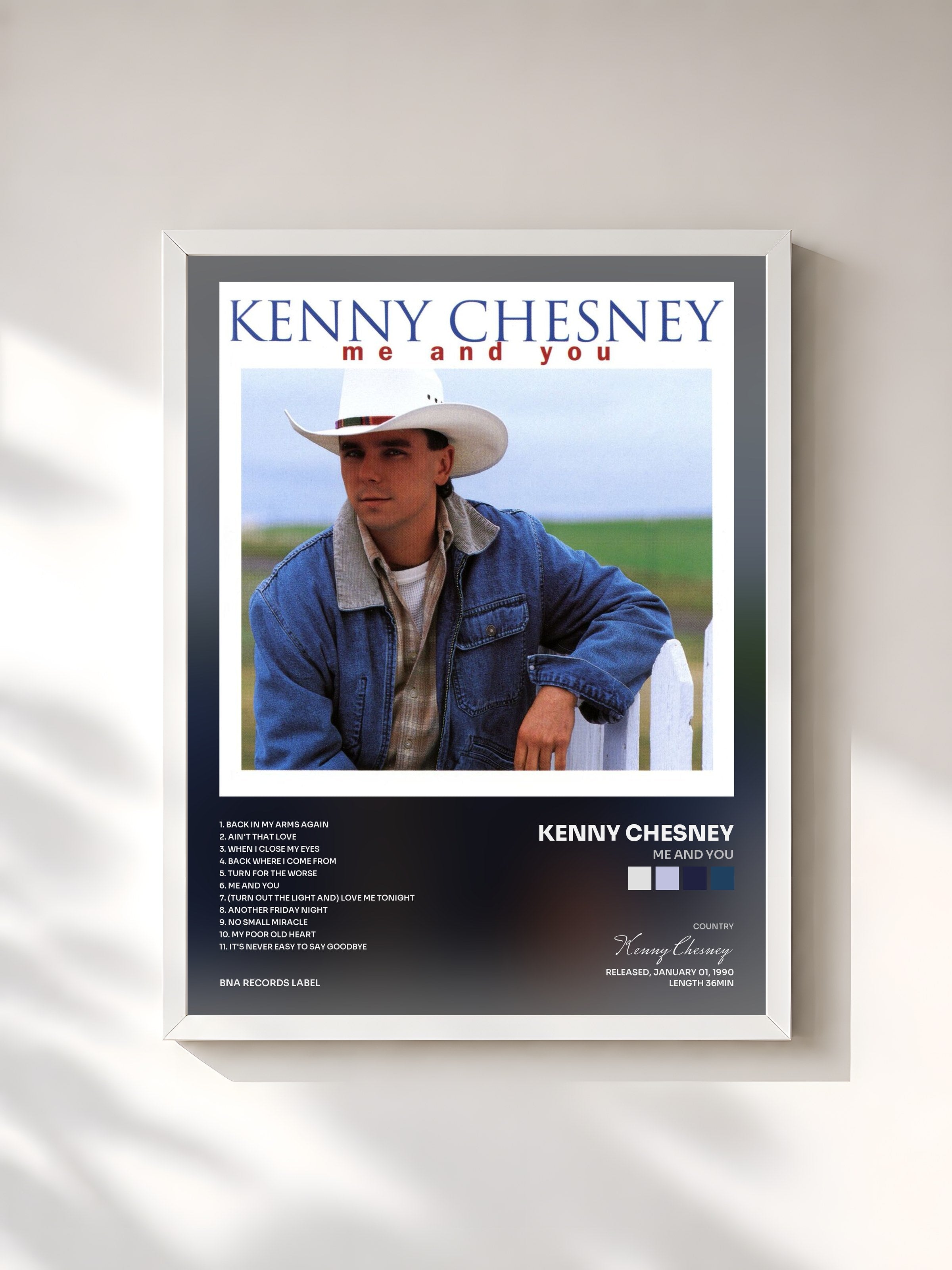 #blanc Tableau de l'album Me And You de Kenny Chesney, cadre blanc, imprimé et encadré en France