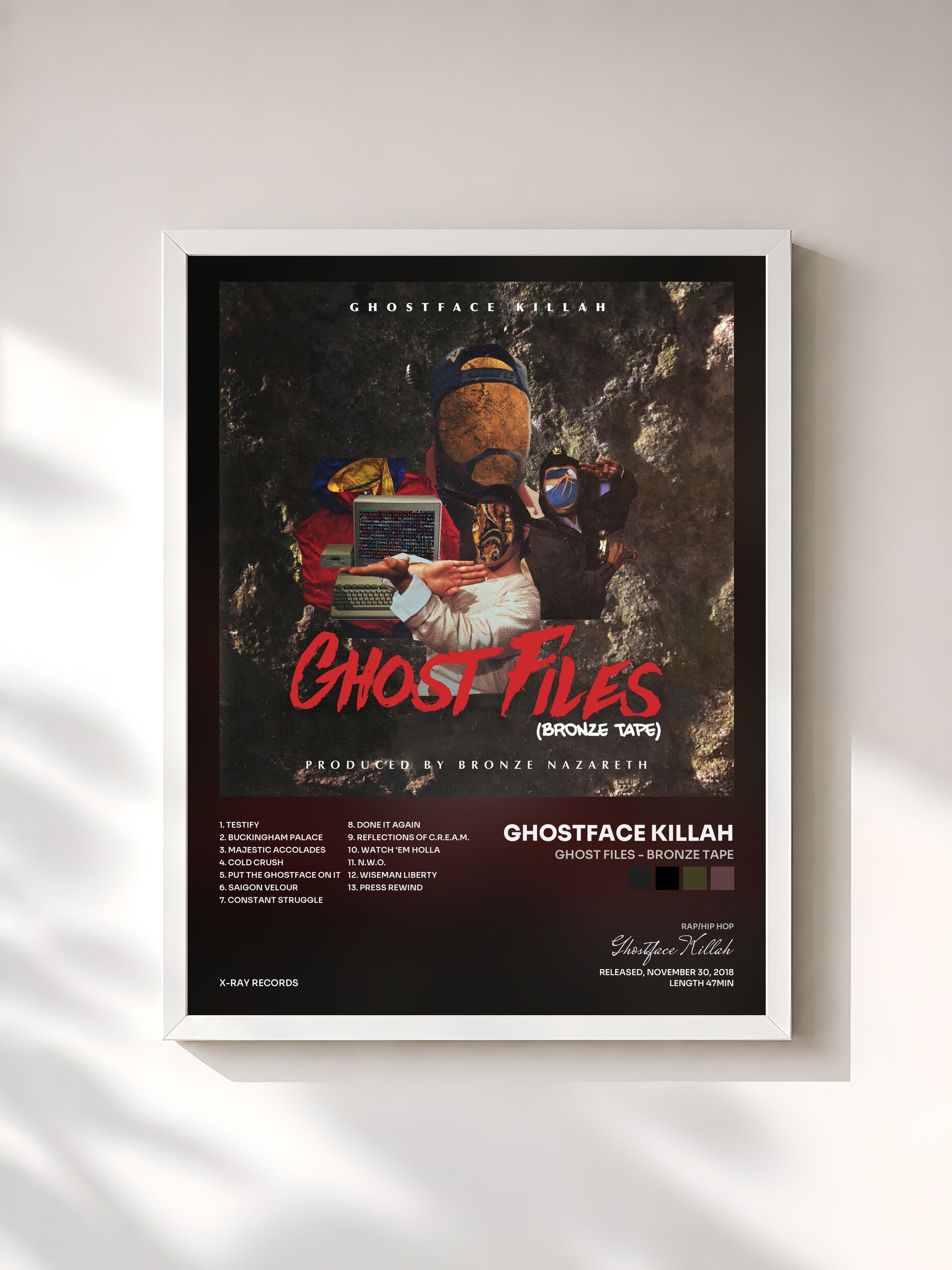 #blanc Tableau de l'album Ghost Files - Bronze Tape de Ghostface Killah, cadre blanc, imprimé et encadré en France