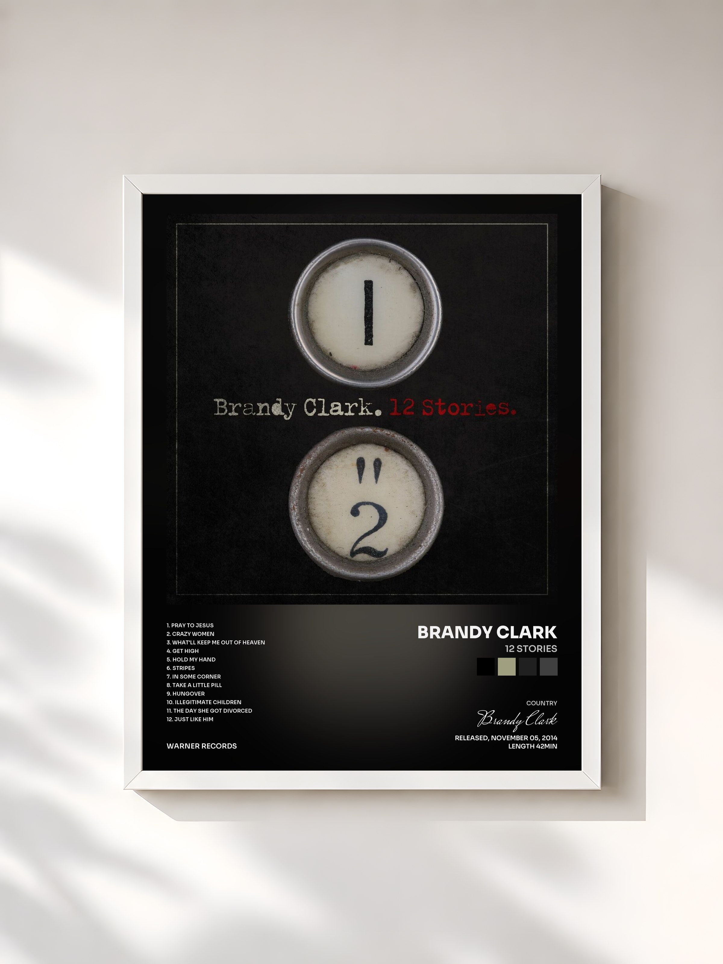 #blanc Tableau de l'album 12 Stories de Brandy Clark, cadre blanc, imprimé et encadré en France