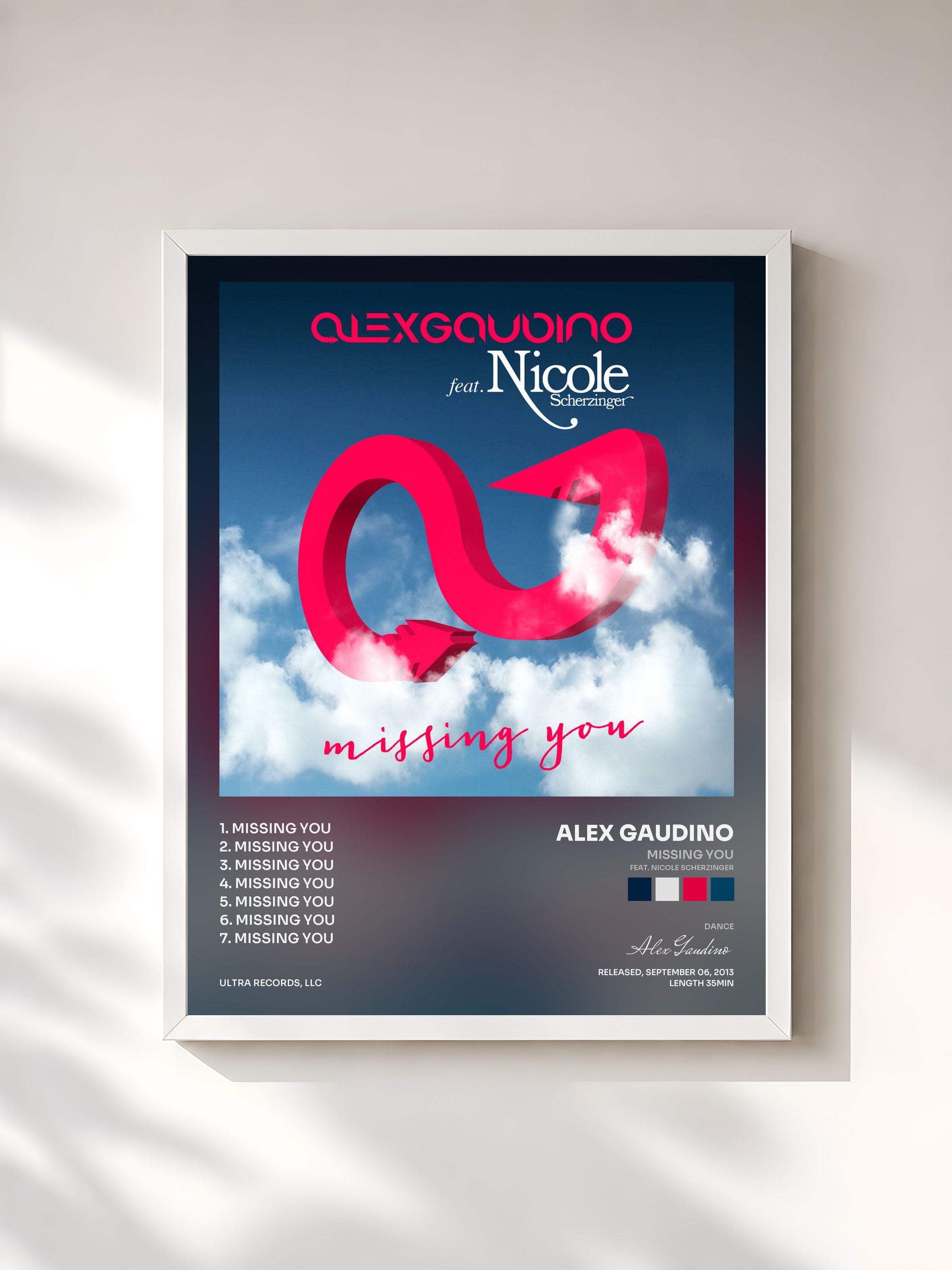 #blanc Tableau de l'album Missing You (feat. Nicole Scherzinger) de Alex Gaudino, cadre blanc, imprimé et encadré en France