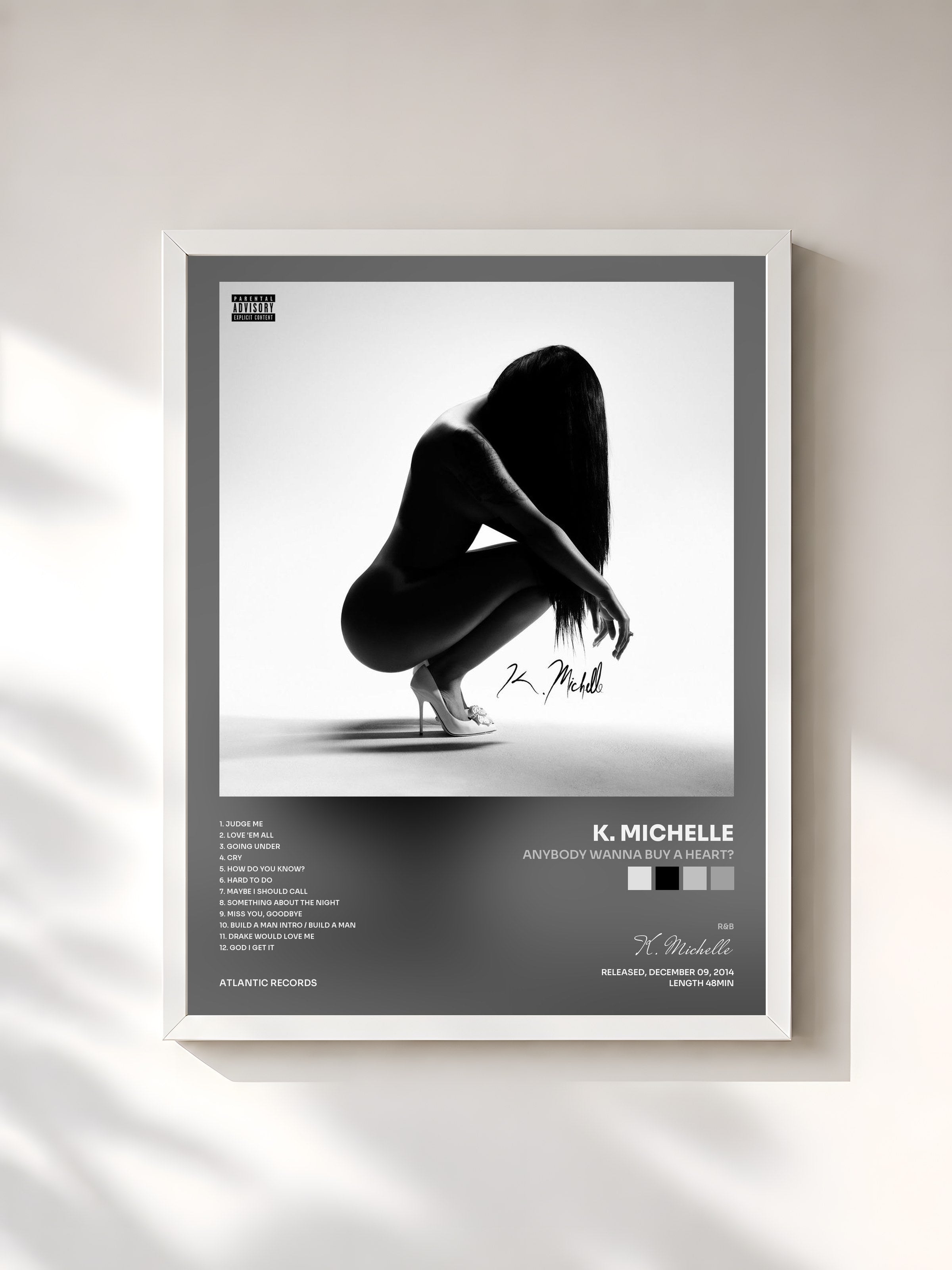 #blanc Tableau de l'album Anybody Wanna Buy a Heart? de K. Michelle, cadre blanc, imprimé et encadré en France