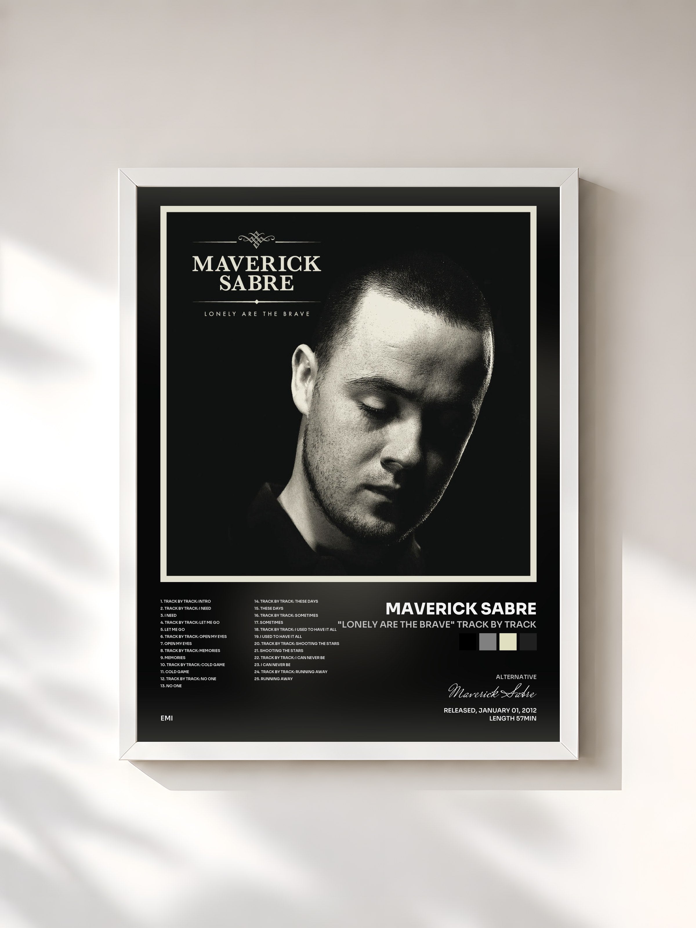 #blanc Tableau de l'album "Lonely Are The Brave" Track By Track de Maverick Sabre, cadre blanc, imprimé et encadré en France