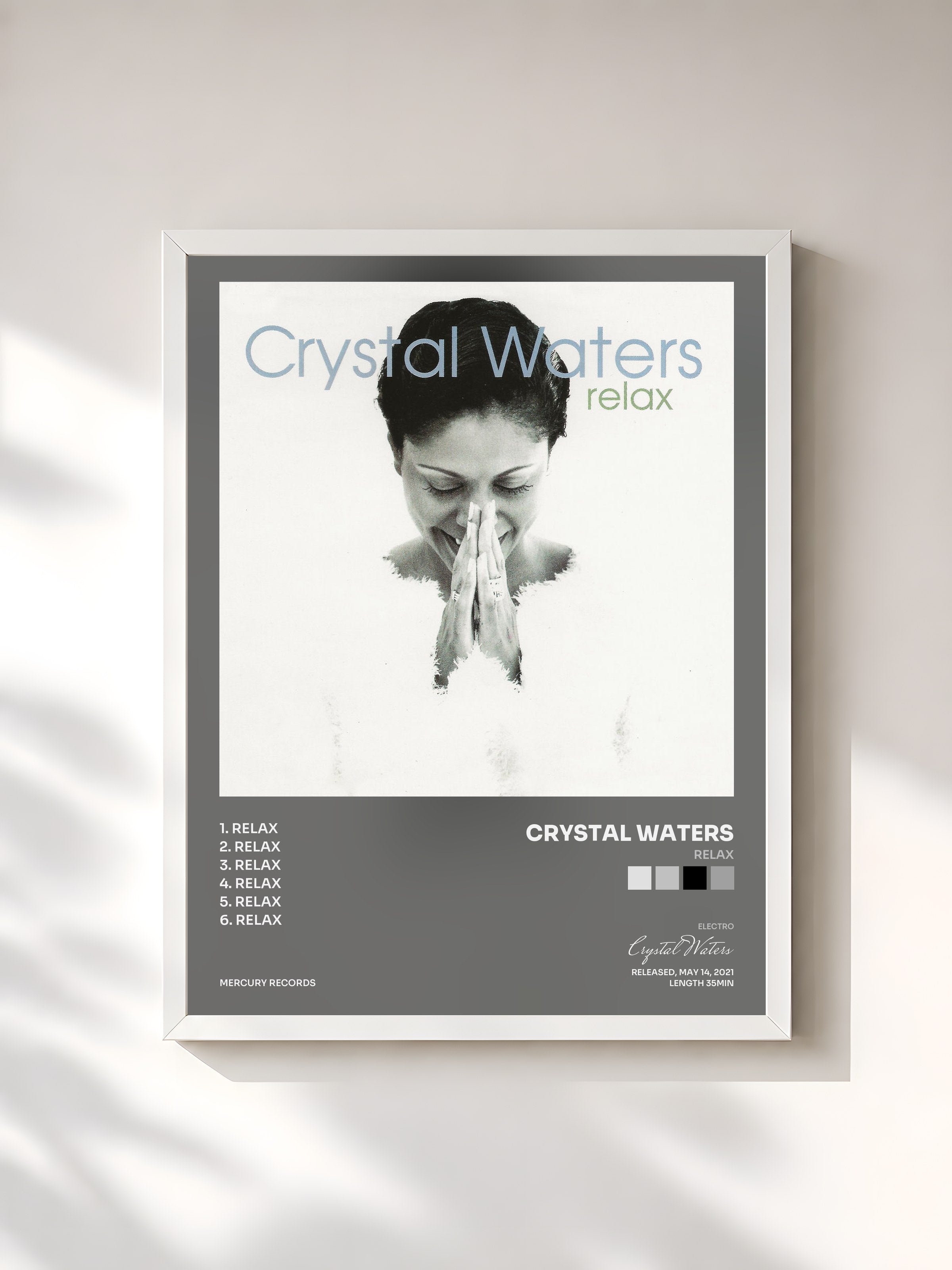 #blanc Tableau de l'album Relax de Crystal Waters, cadre blanc, imprimé et encadré en France