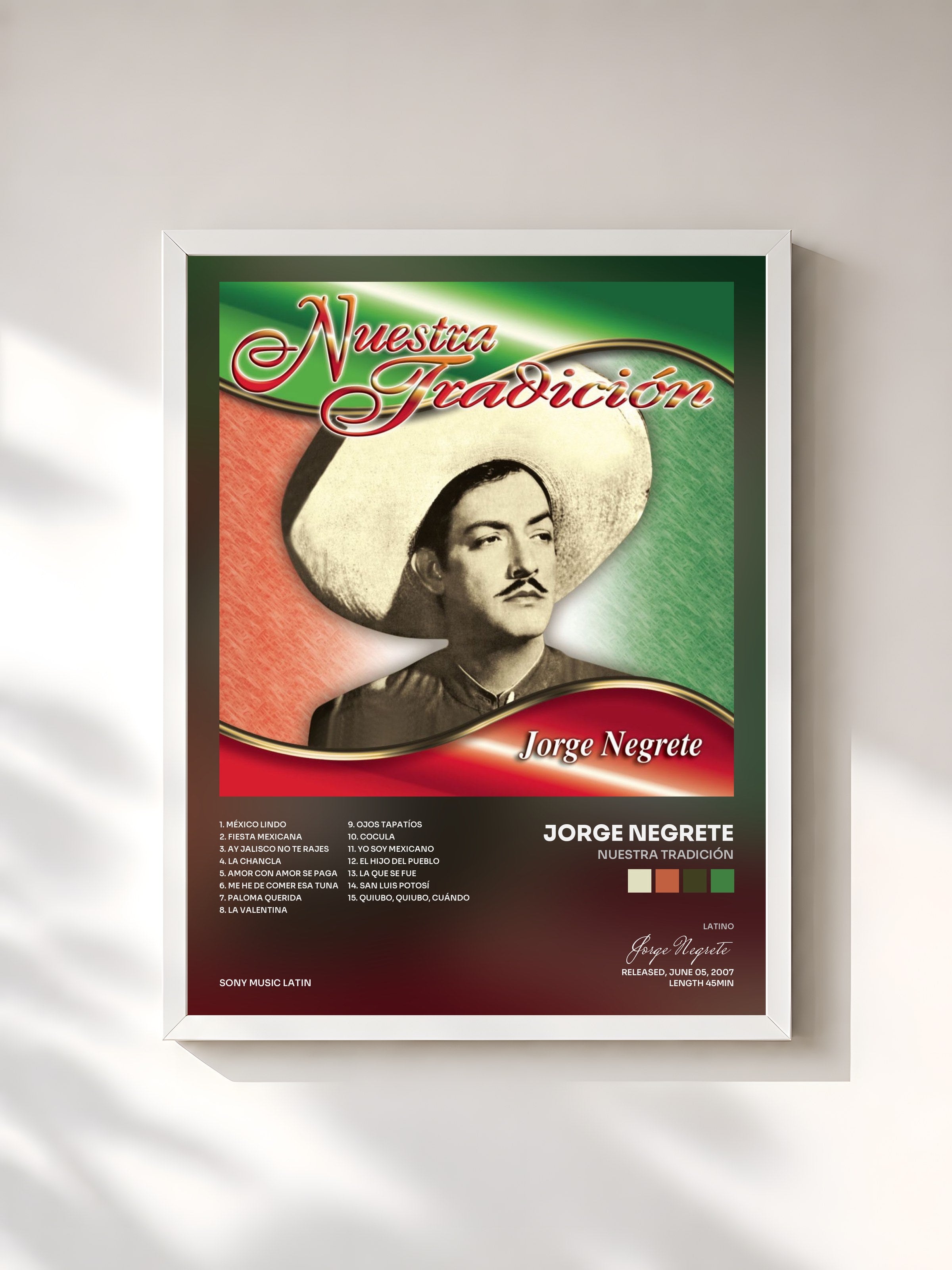 #blanc Tableau de l'album Nuestra Tradición de Jorge Negrete, cadre blanc, imprimé et encadré en France