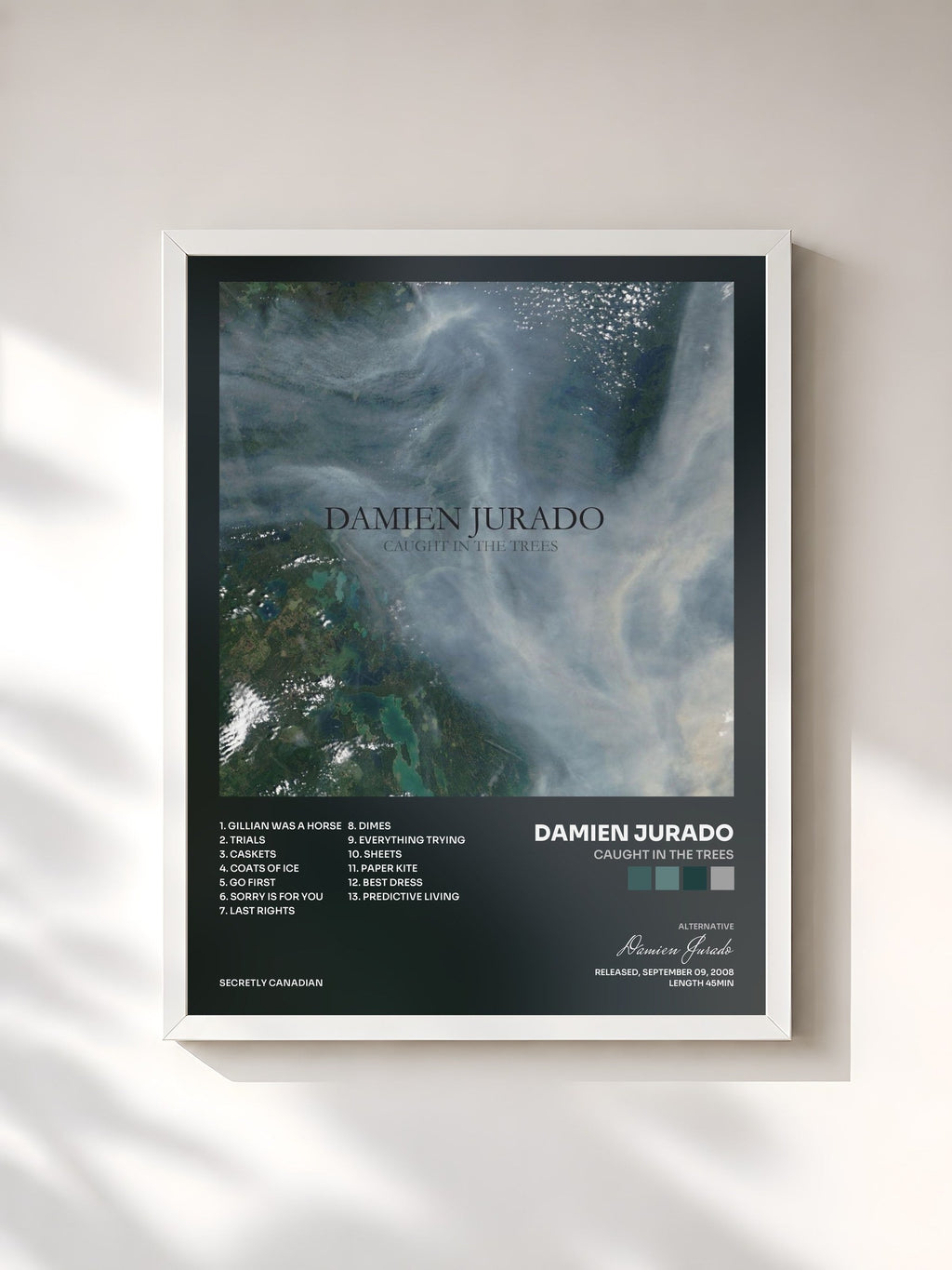 #blanc Caught In The Trees by Damien Jurado as a framed art print, white frame, printed and framed in France