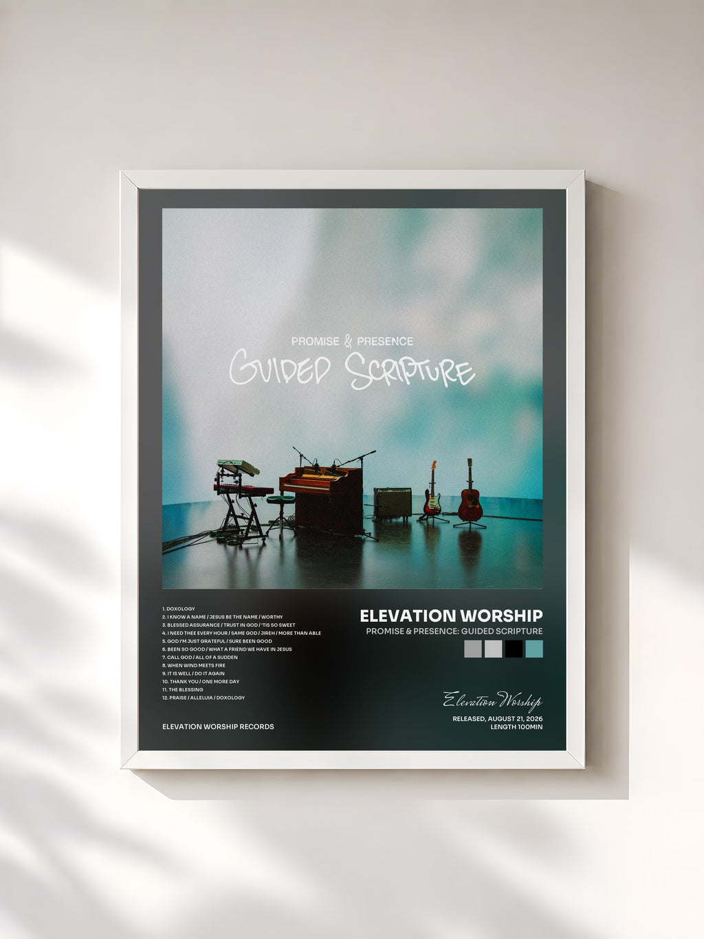 #blanc Tableau de l'album Promise & Presence: Guided Scripture de Elevation Worship, cadre blanc, imprimé et encadré en France
