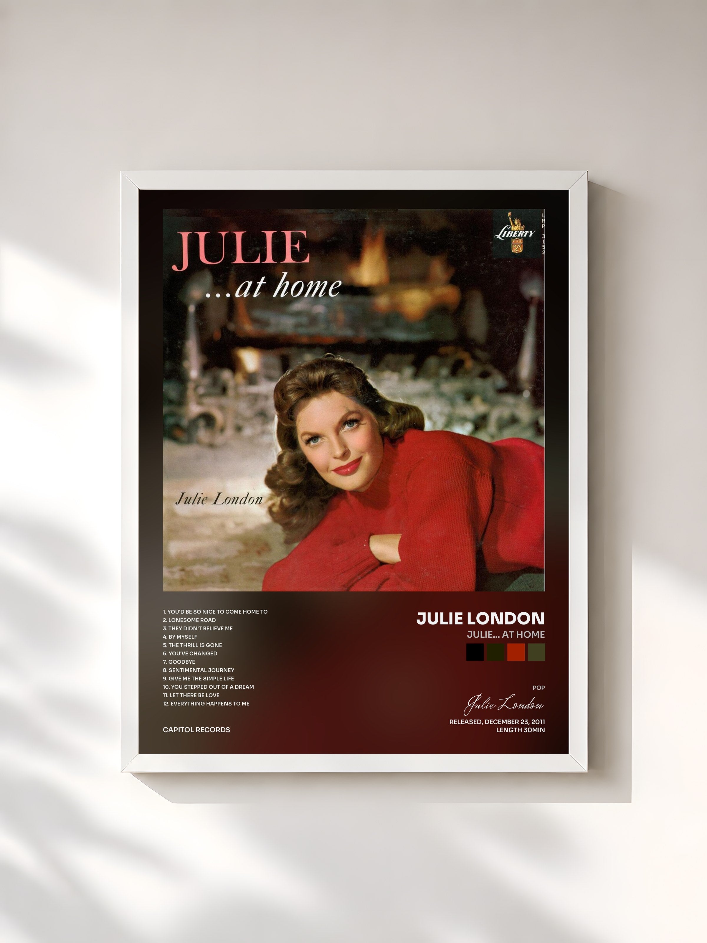 #blanc Tableau de l'album Julie... At Home de Julie London, cadre blanc, imprimé et encadré en France