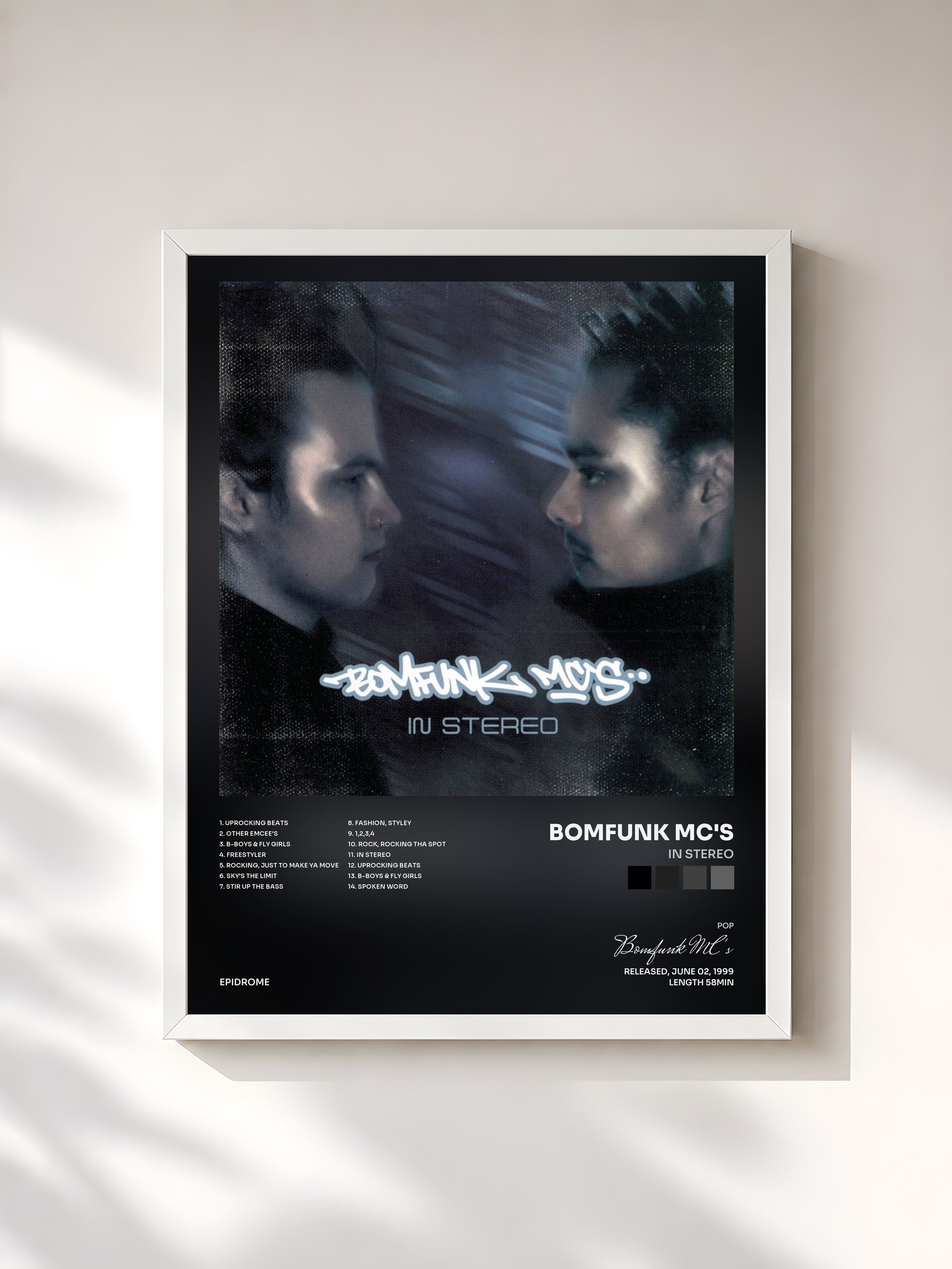 #blanc Tableau de l'album In Stereo de Bomfunk MC's, cadre blanc, imprimé et encadré en France