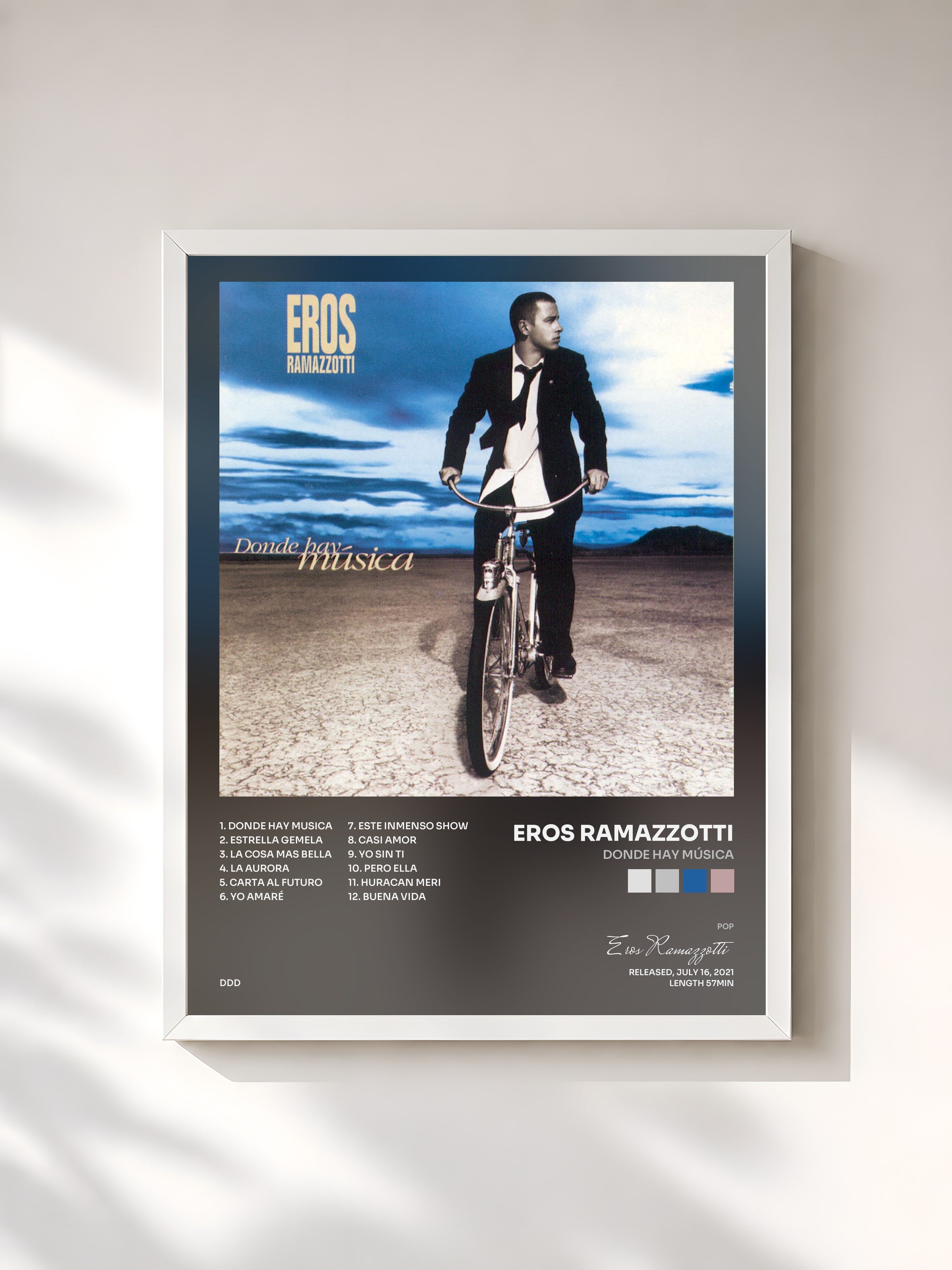 #blanc Tableau de l'album Donde Hay Música de Eros Ramazzotti, cadre blanc, imprimé et encadré en France
