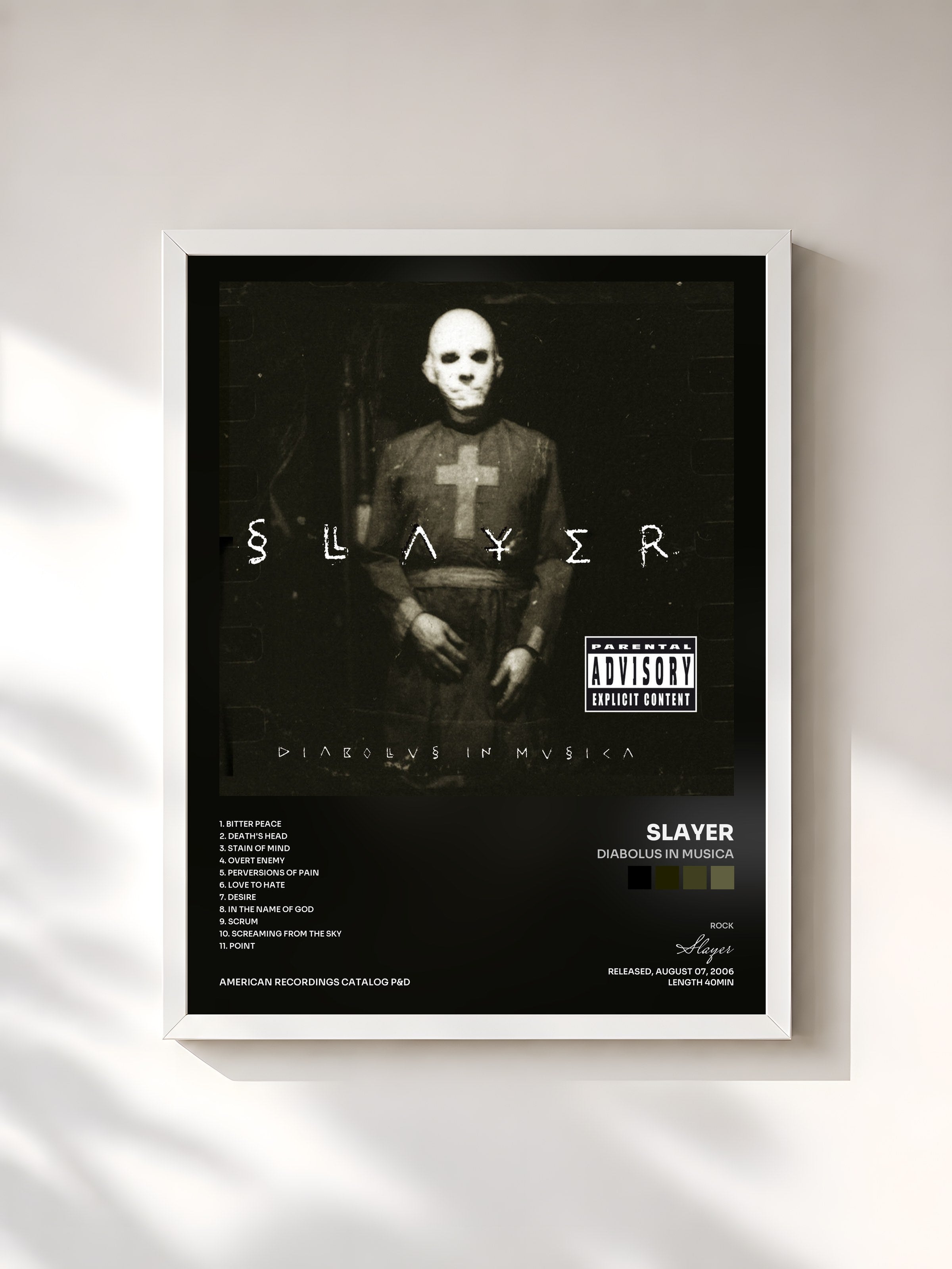 #blanc Tableau de l'album Diabolus In Musica de Slayer, cadre blanc, imprimé et encadré en France