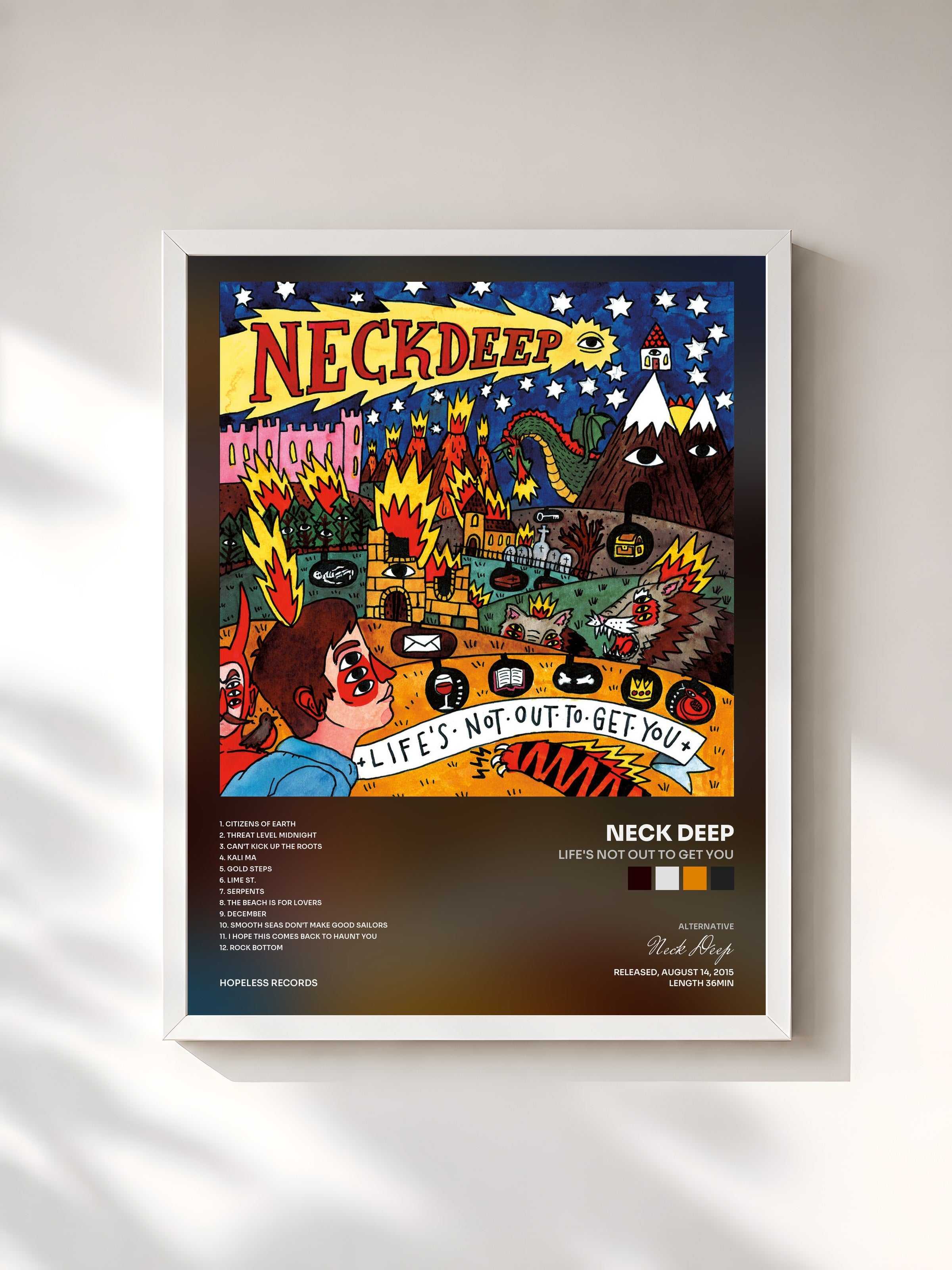 #blanc Tableau de l'album Life's Not Out To Get You de Neck Deep, cadre blanc, imprimé et encadré en France