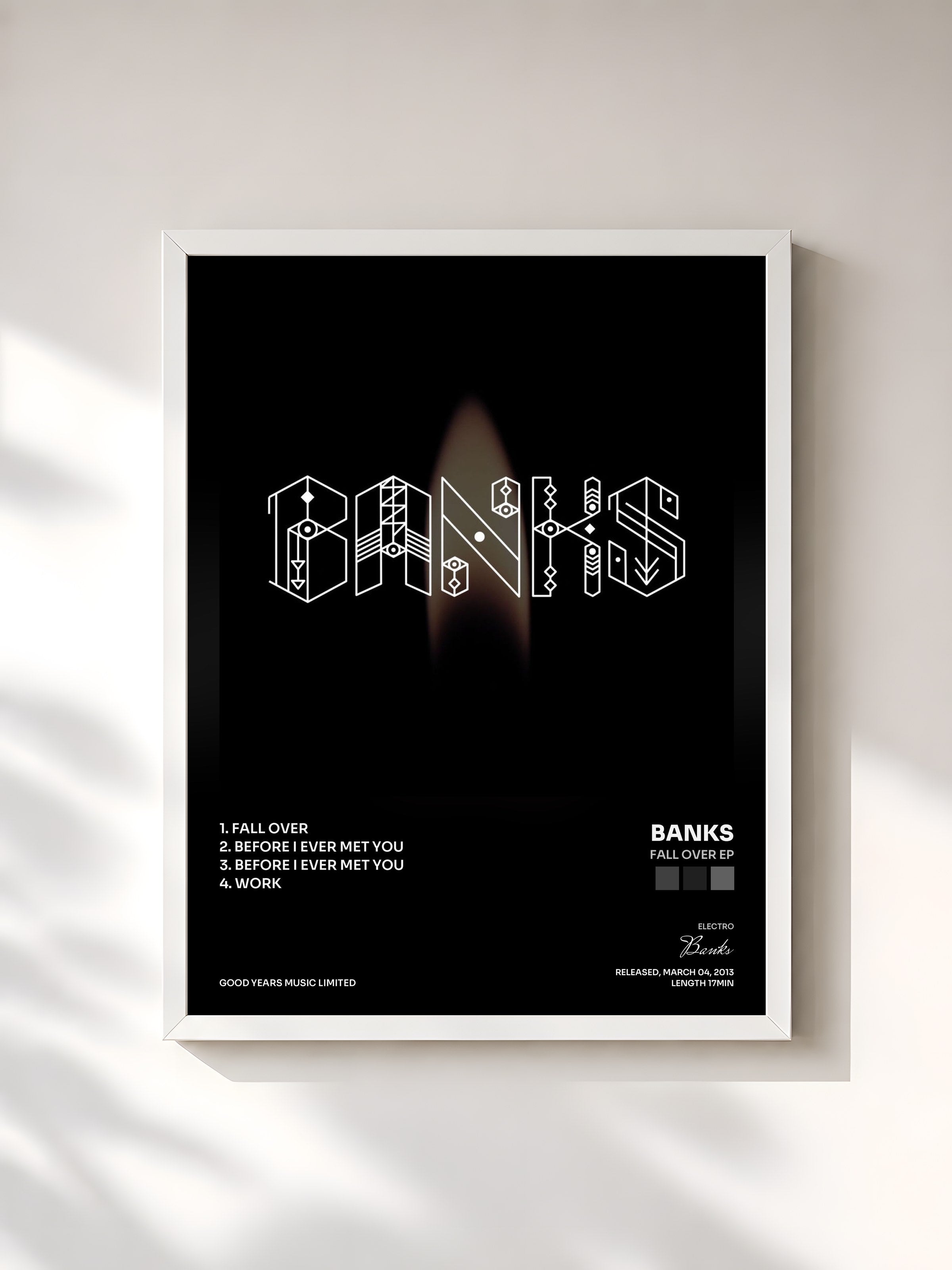 #blanc Tableau de l'album Fall Over EP de Banks, cadre blanc, imprimé et encadré en France