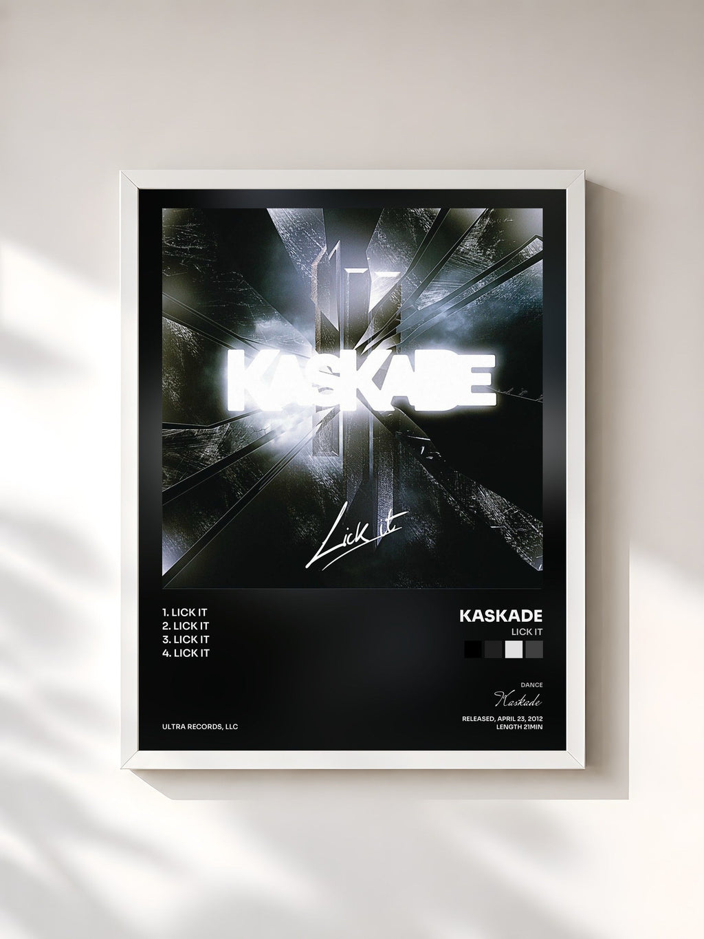 #blanc Tableau de l'album Lick It de Kaskade, cadre blanc, imprimé et encadré en France
