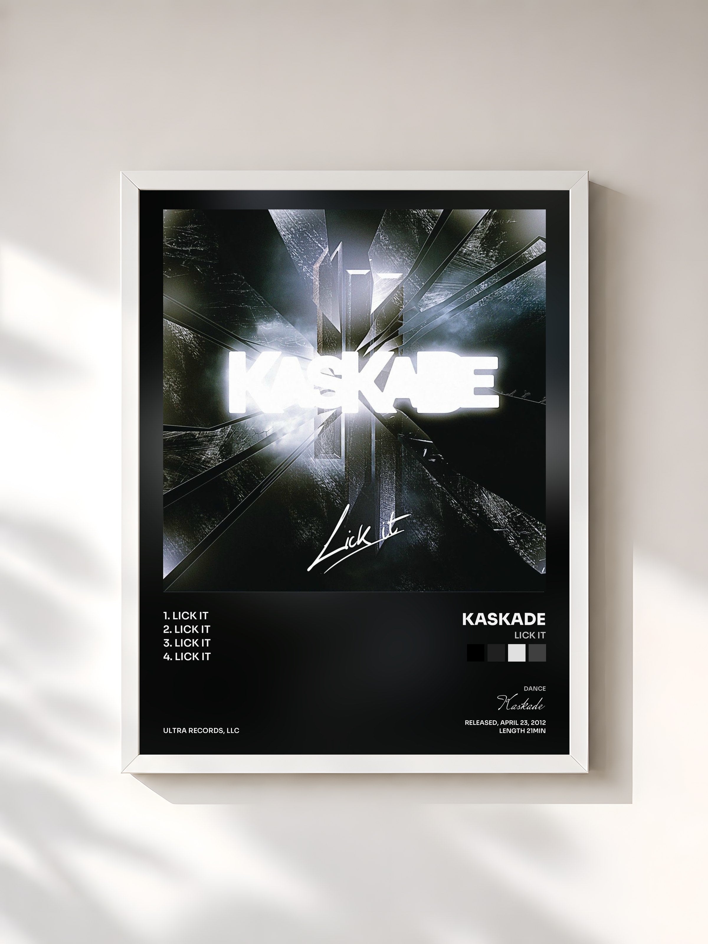 #blanc Tableau de l'album Lick It de Kaskade, cadre blanc, imprimé et encadré en France