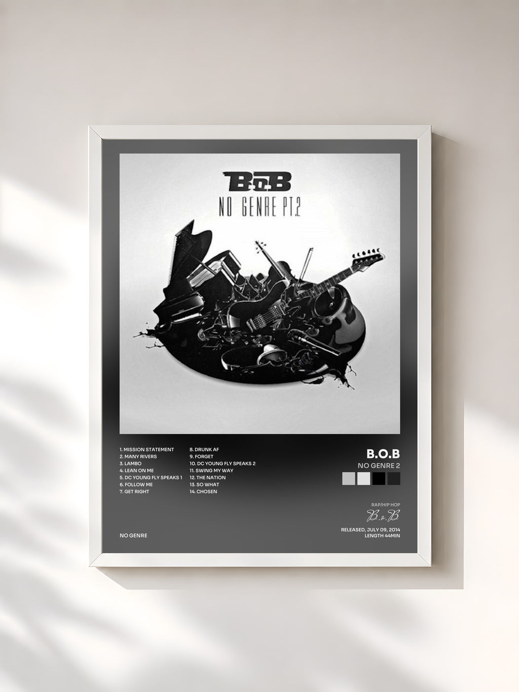 #blanc Tableau de l'album No Genre 2 de B.o.B, cadre blanc, imprimé et encadré en France
